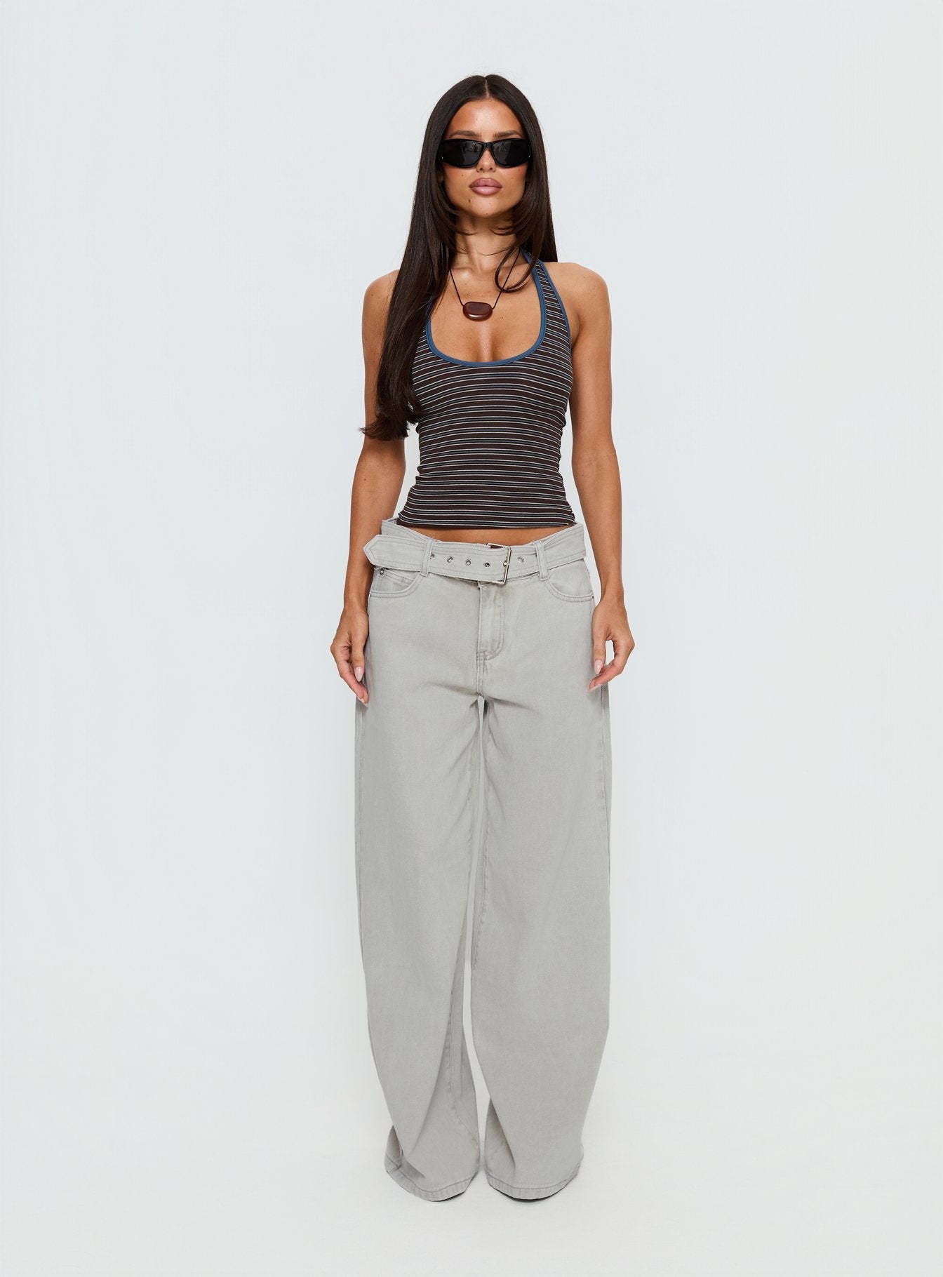 Katlin Mid Rise Wide Leg Buckle Detail Jeans Grey Wash