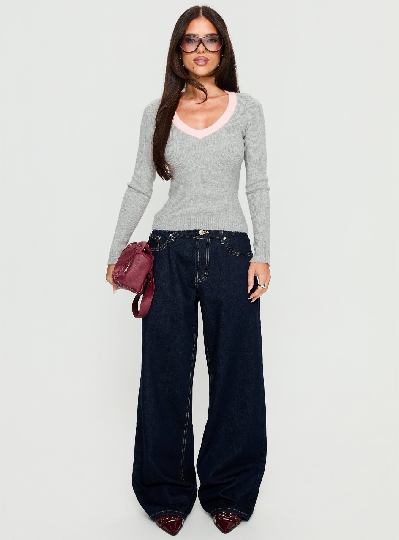 Vanita V Neck Long Sleeve Top Grey / Pink