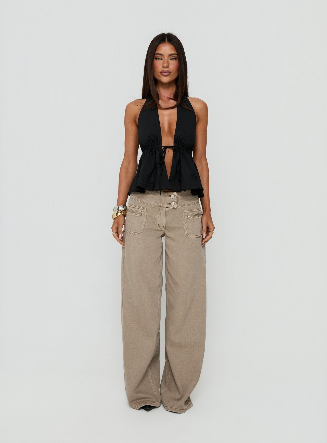 Top Form Broderie Anglais Tie Front Halter Top Black