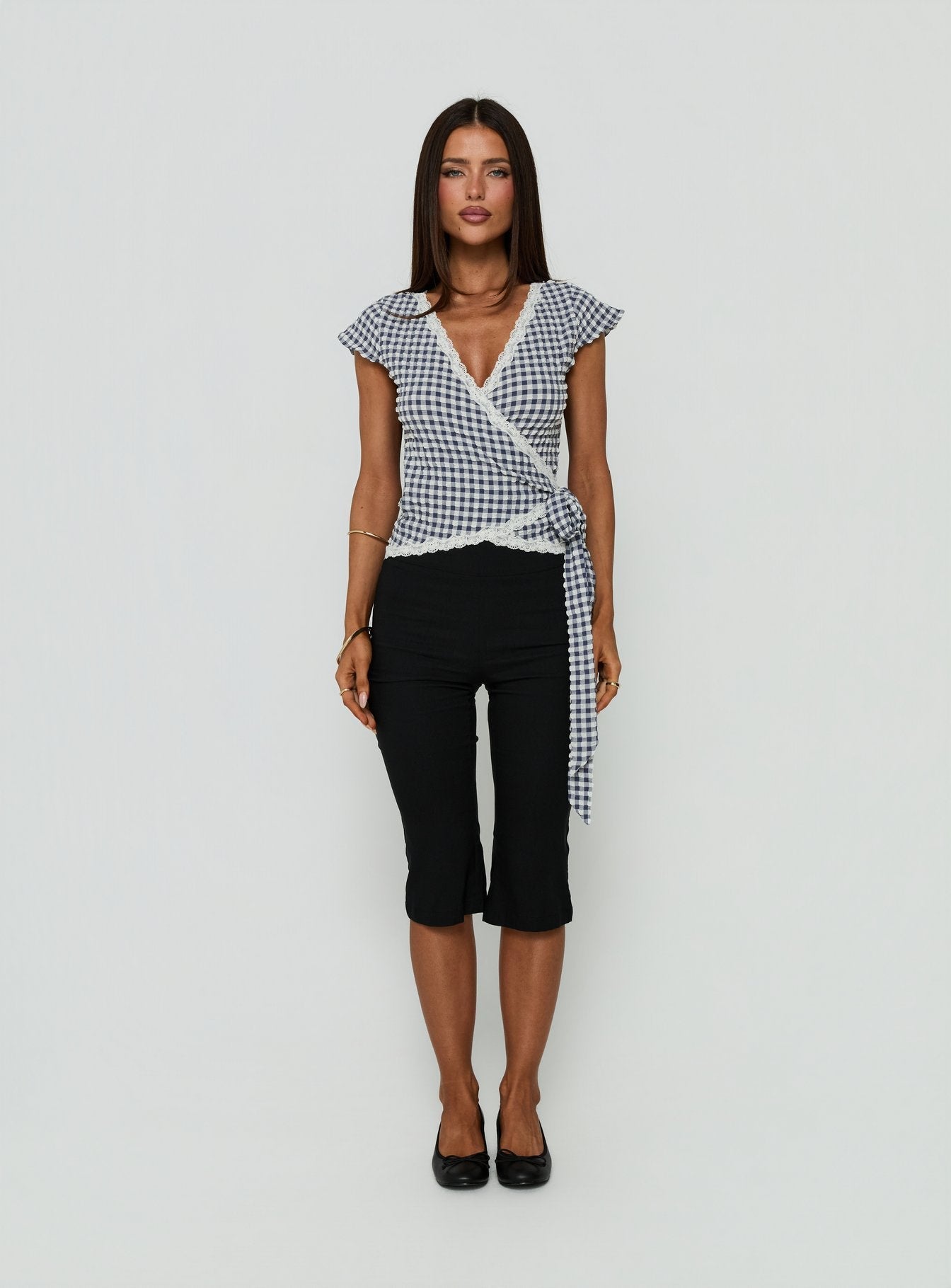 Meltwater Lace Trim Wrap Detail Top Navy Check