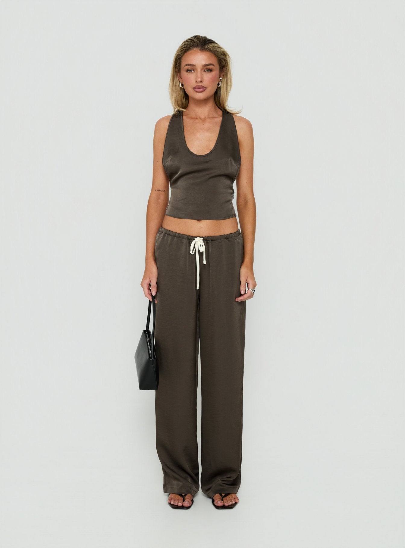 Dialled Up Tie Waist Satin Pants Mocha