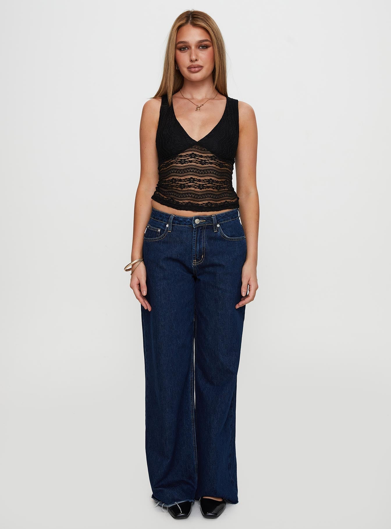 Loxlee Lace Plunge Neck Top Black