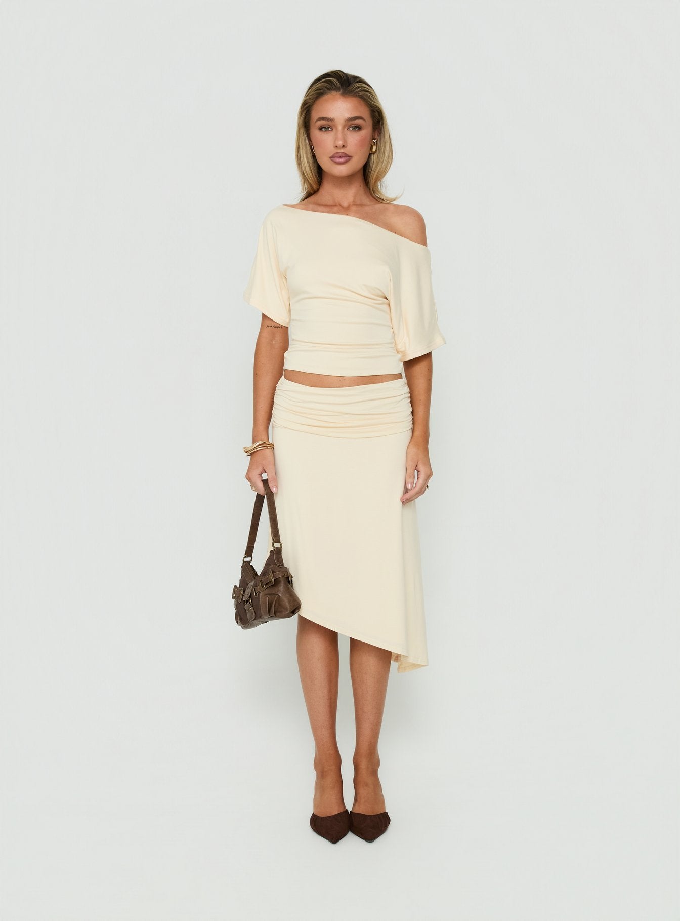 Sezzia Cinched One Shoulder Top Beige