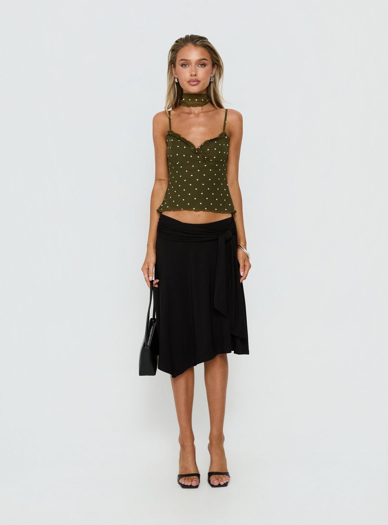 Mishy Scarf Detail Cami Top Olive Polka