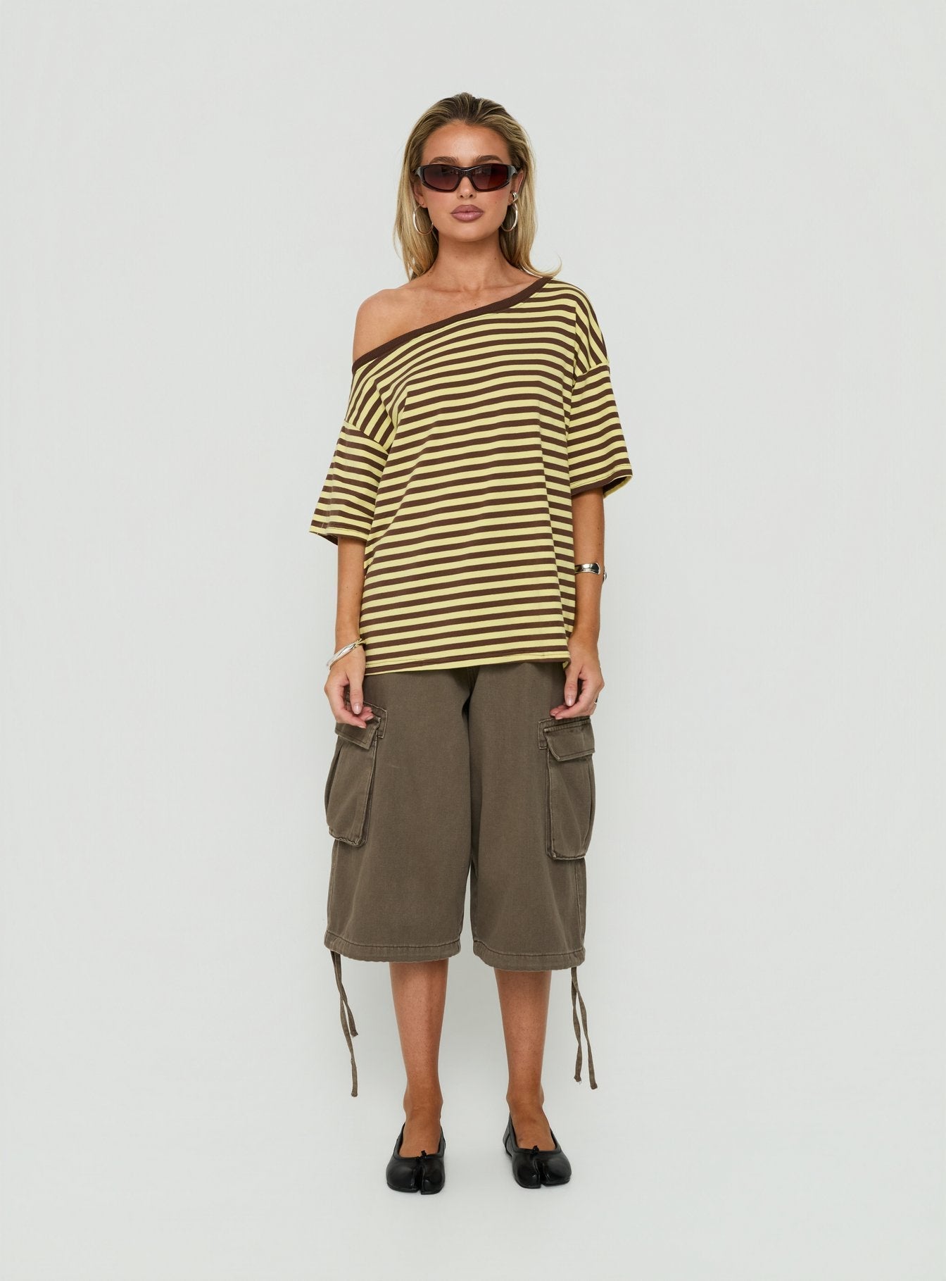 Settle Down One Shoulder Top Yellow / Chocolate Stripe