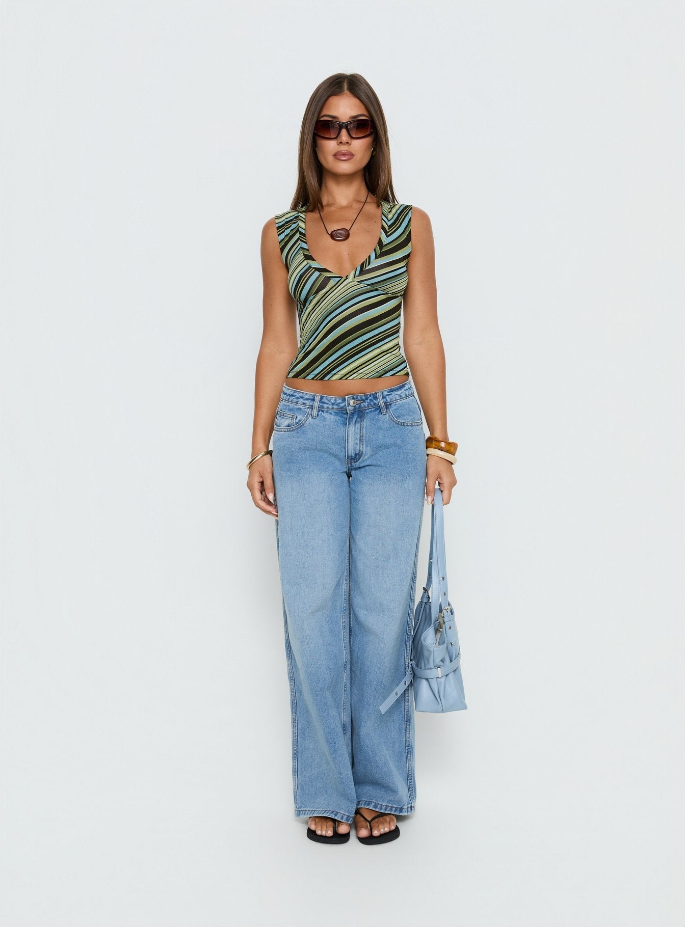 Emberly V Neck Top Green Stripe
