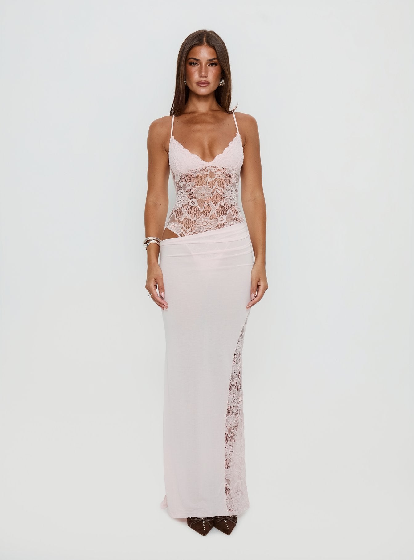 Chantella Lace Cut Out Maxi Dress Baby Pink