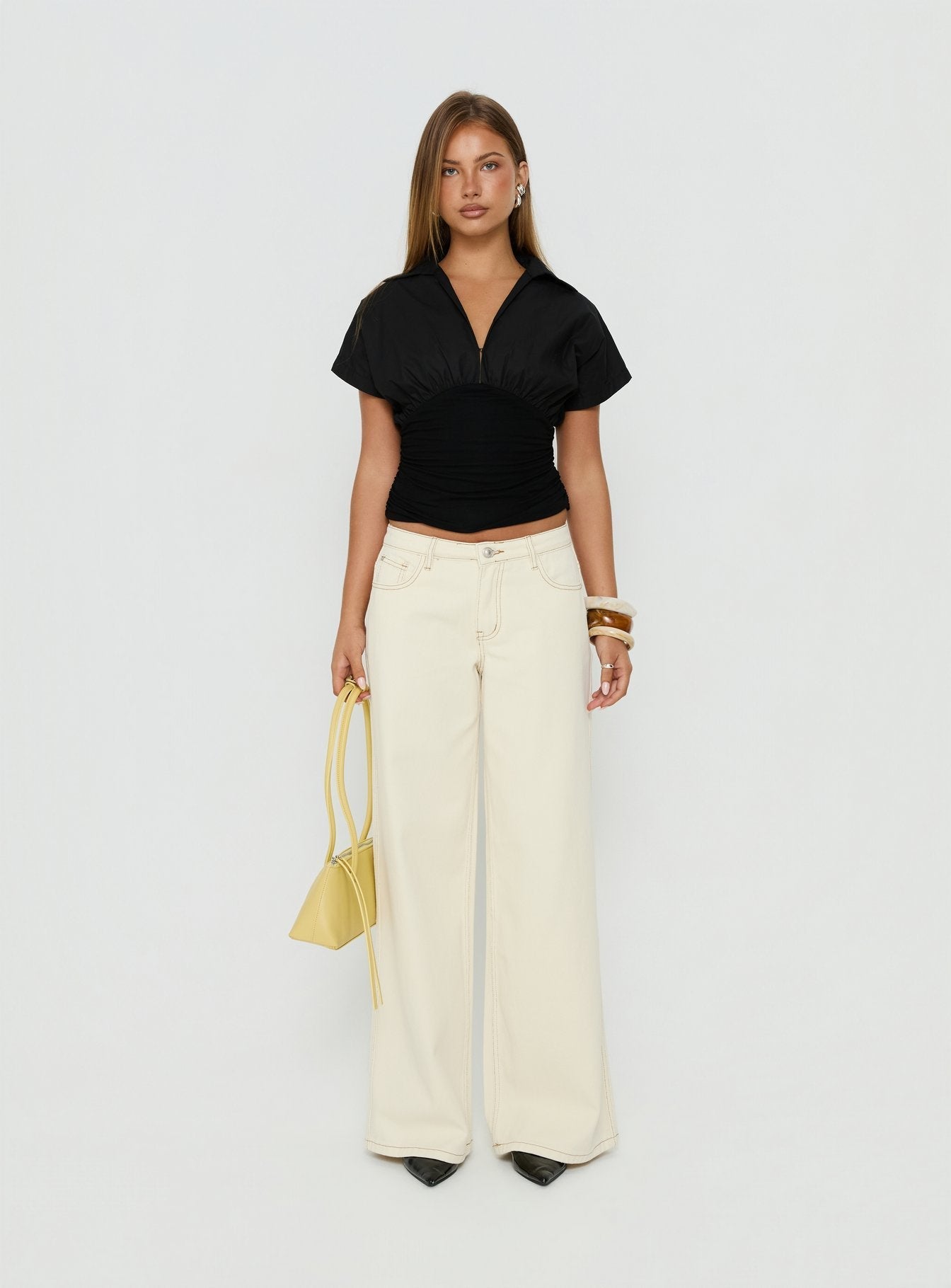 Chalia Ruched Collared Top Black