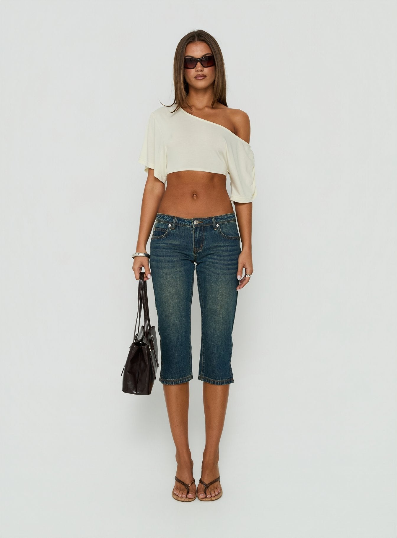 Miskie Draped Off Shoulder Micro Crop Top Butter Yellow