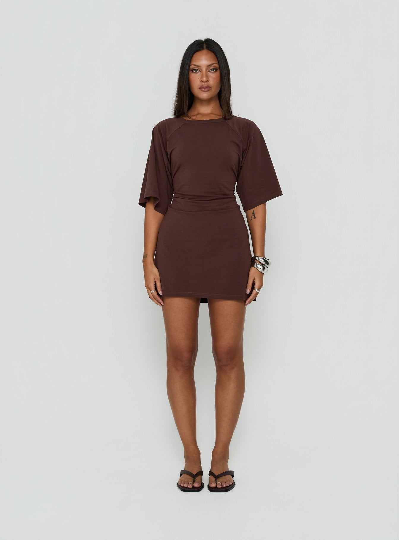 Enzia Raglan Lace Up Mini Dress Brown