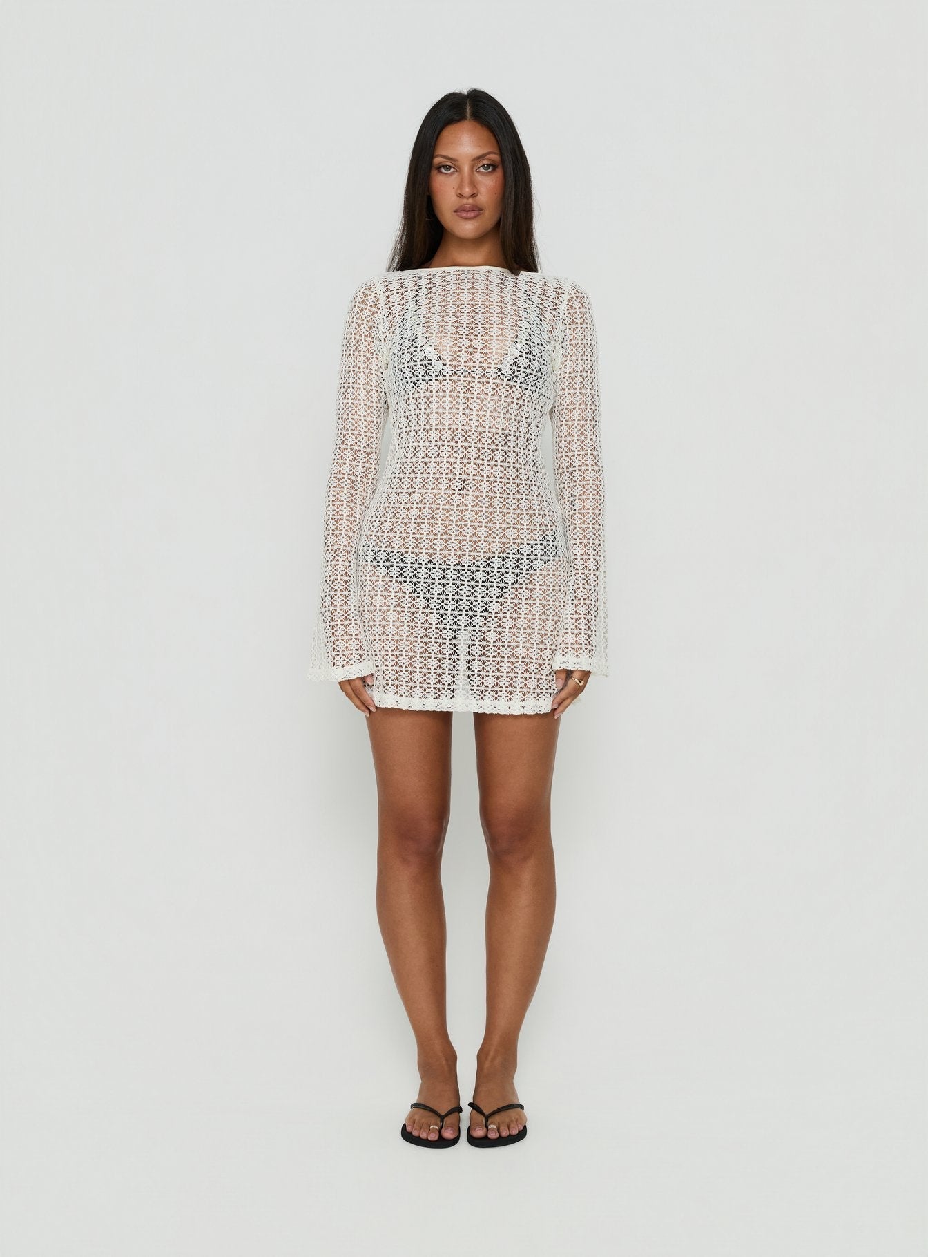 Lisella Long Sleeve Crochet Mini Dress Cream
