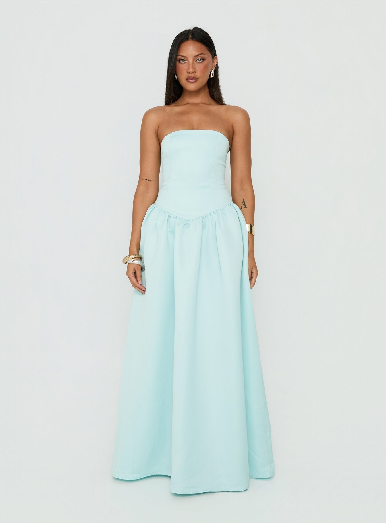 Soft Bloom Drop Waist Strapless Maxi Dress Blue
