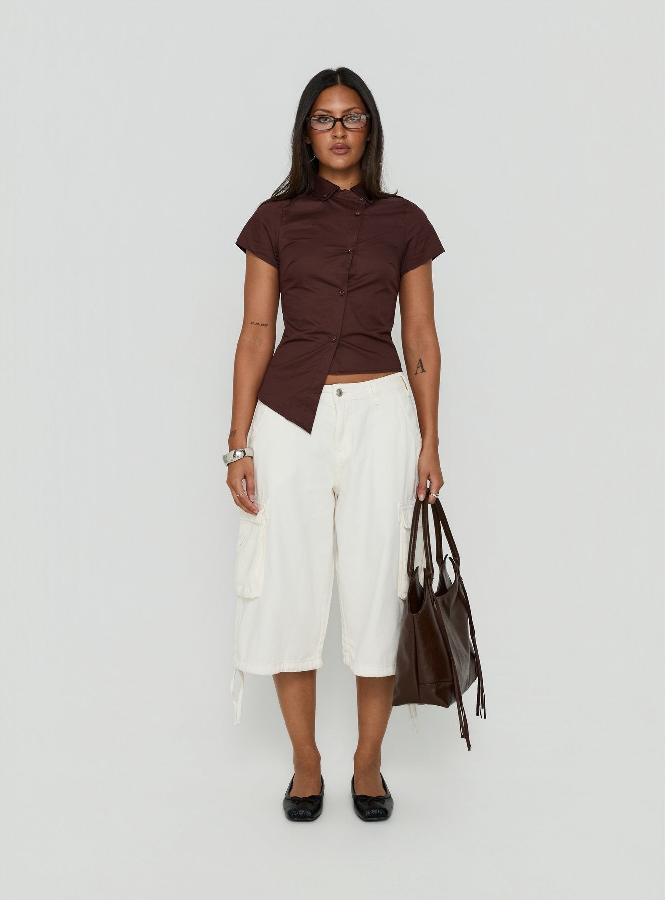 Naomee Asymmetrical Collared Short Sleeve Top Chocolate