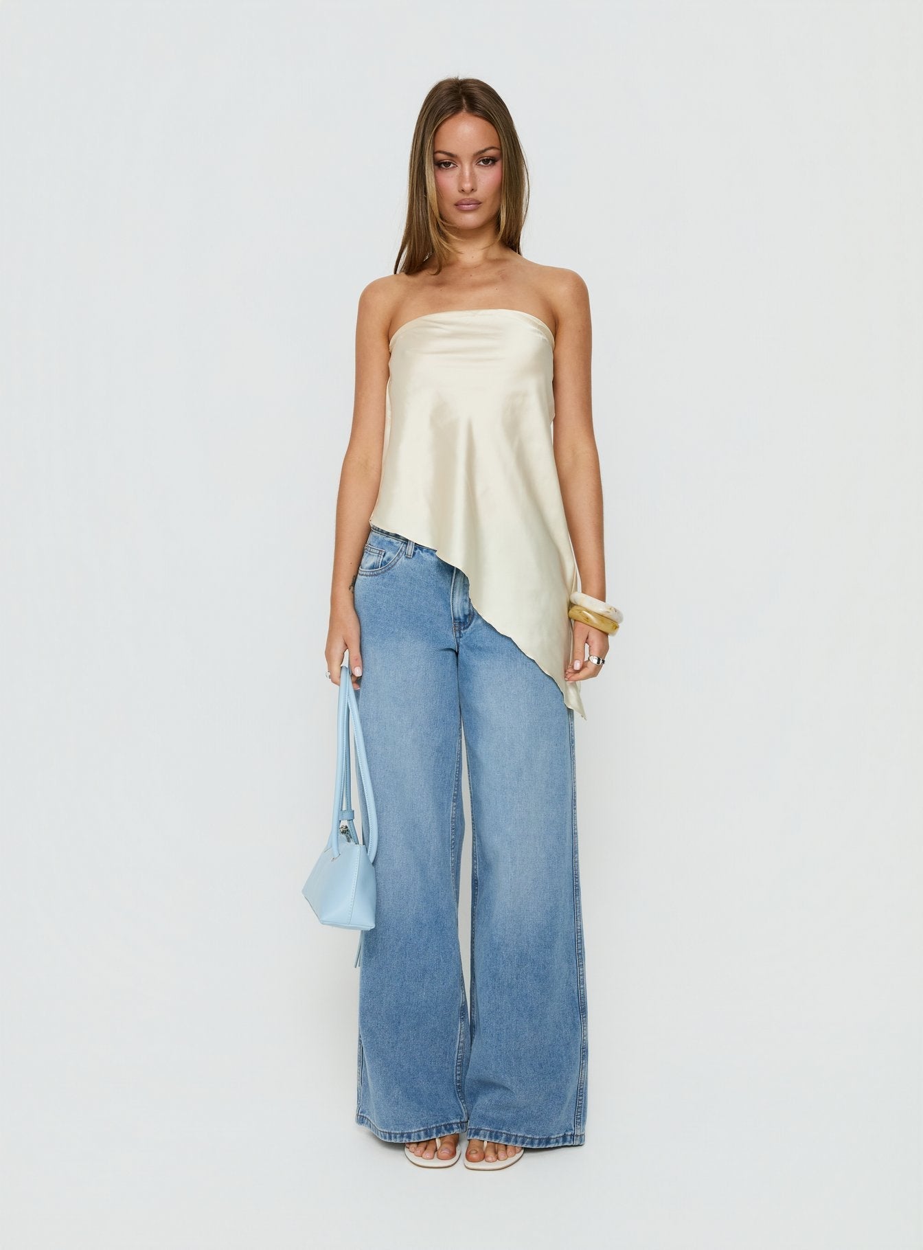 Keevah Strapless Satin Asymmetrical Top Lemon
