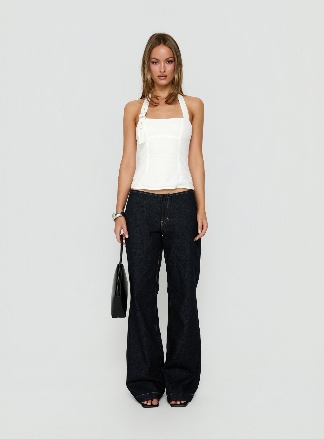 Hotshot Panelled Linen Blend Buckle Top White