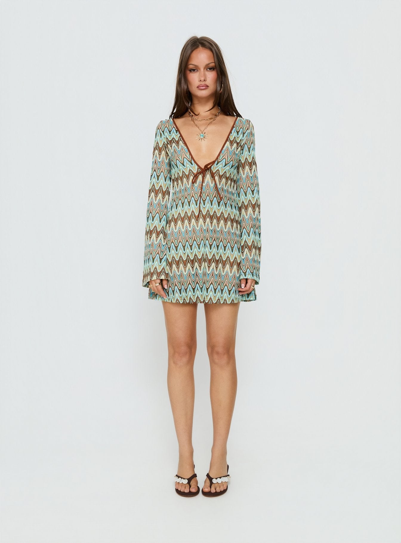 Rizario Long Sleeve Crochet Mini Dress Blue Multi