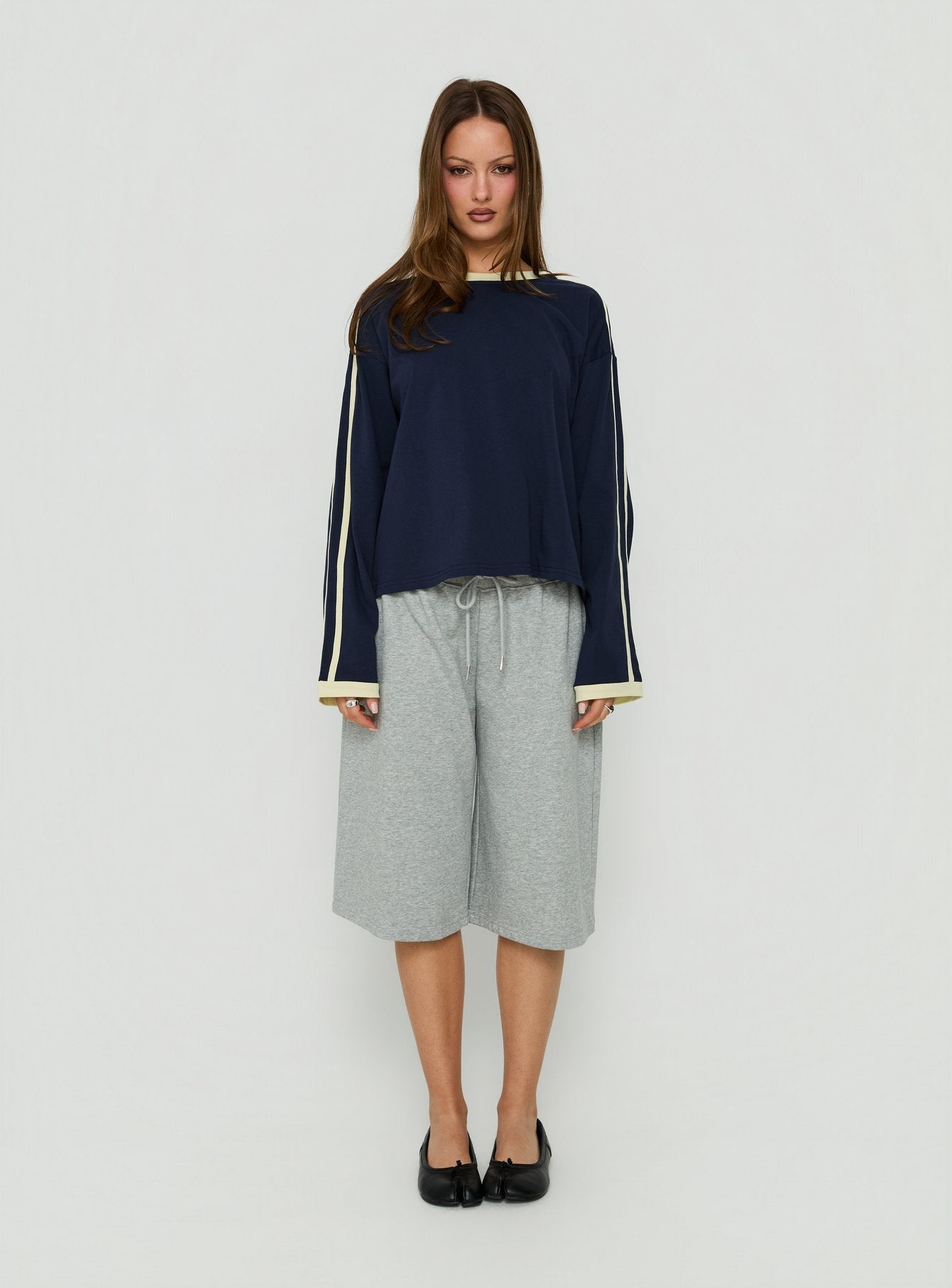 Settle Down Long Sleeve Contrast Top Navy / Yellow Stripe