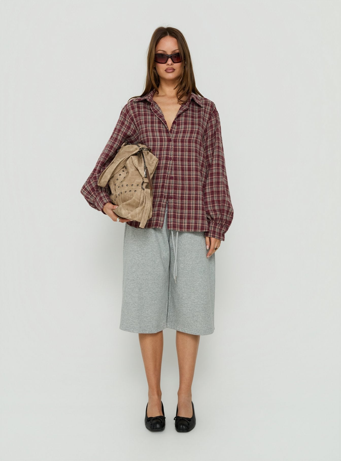 Caydence Long Sleeve Button Down Flannel Top Burgundy Check