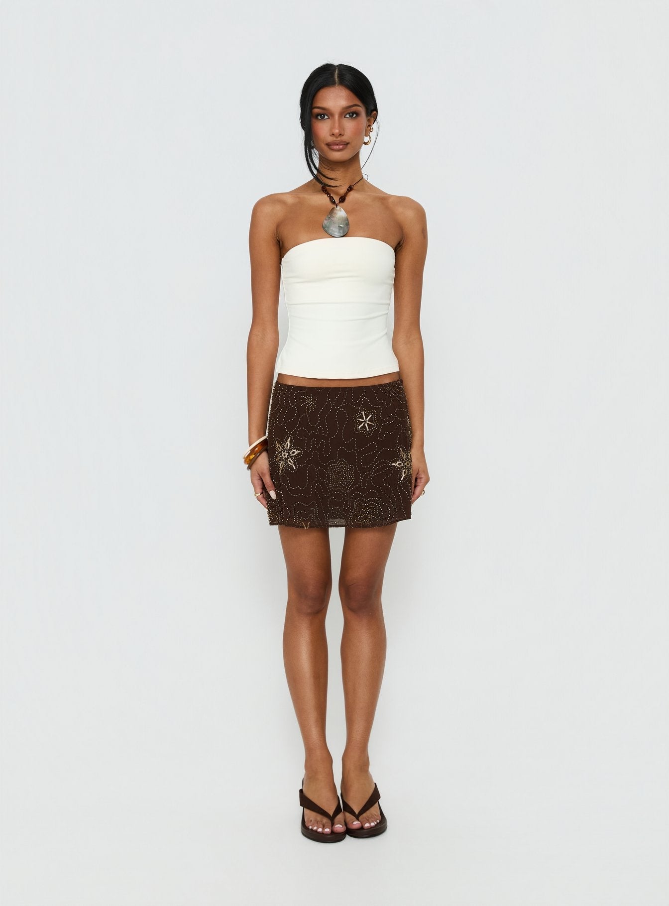 Nanci Beaded Mini Skirt Brown
