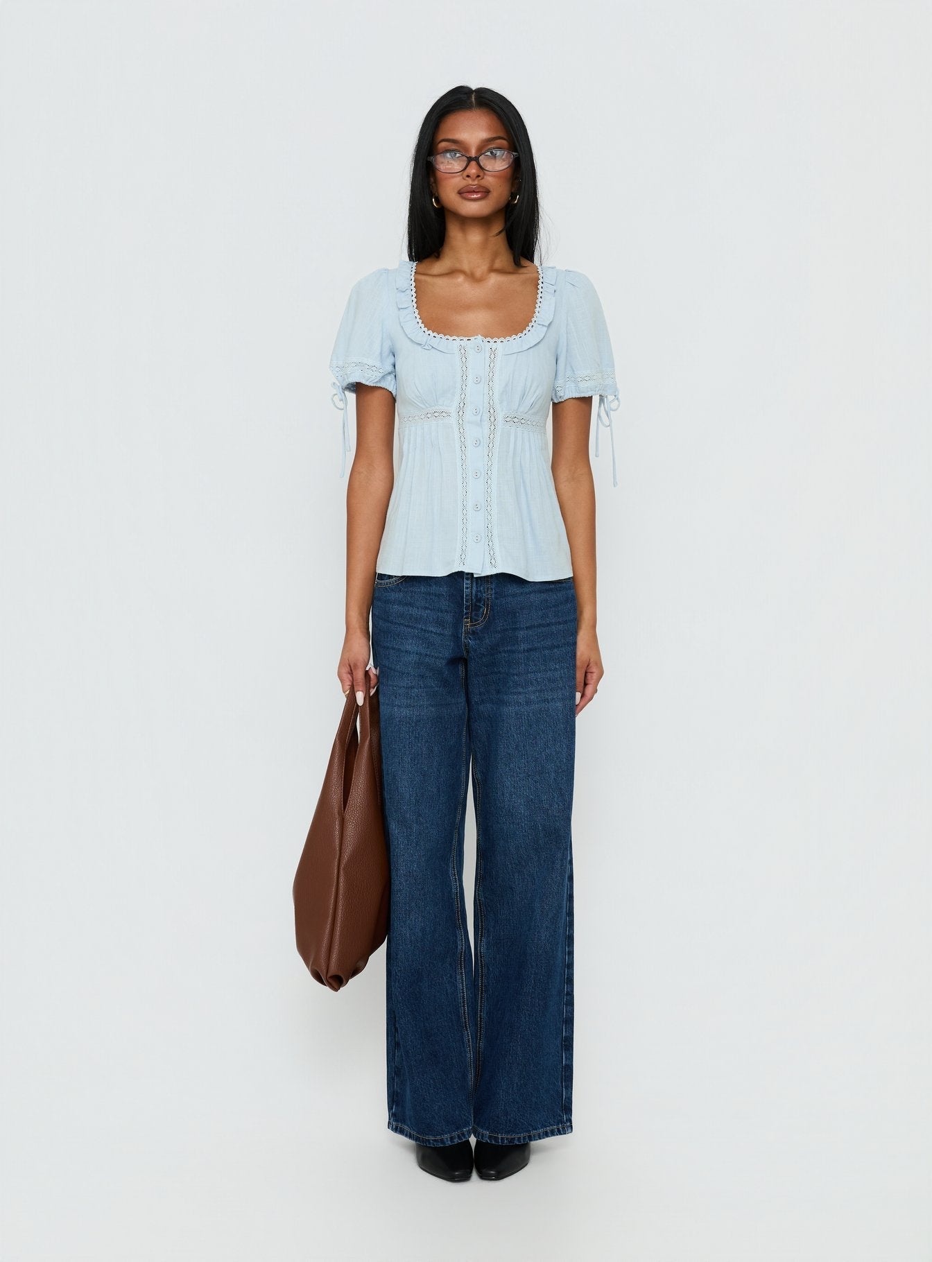 Indianah Pleat Lace Panel Blouse Top Blue