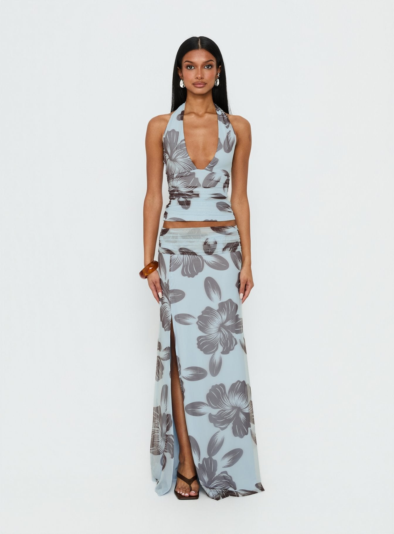 Roselin Mesh Maxi Skirt Blue Floral