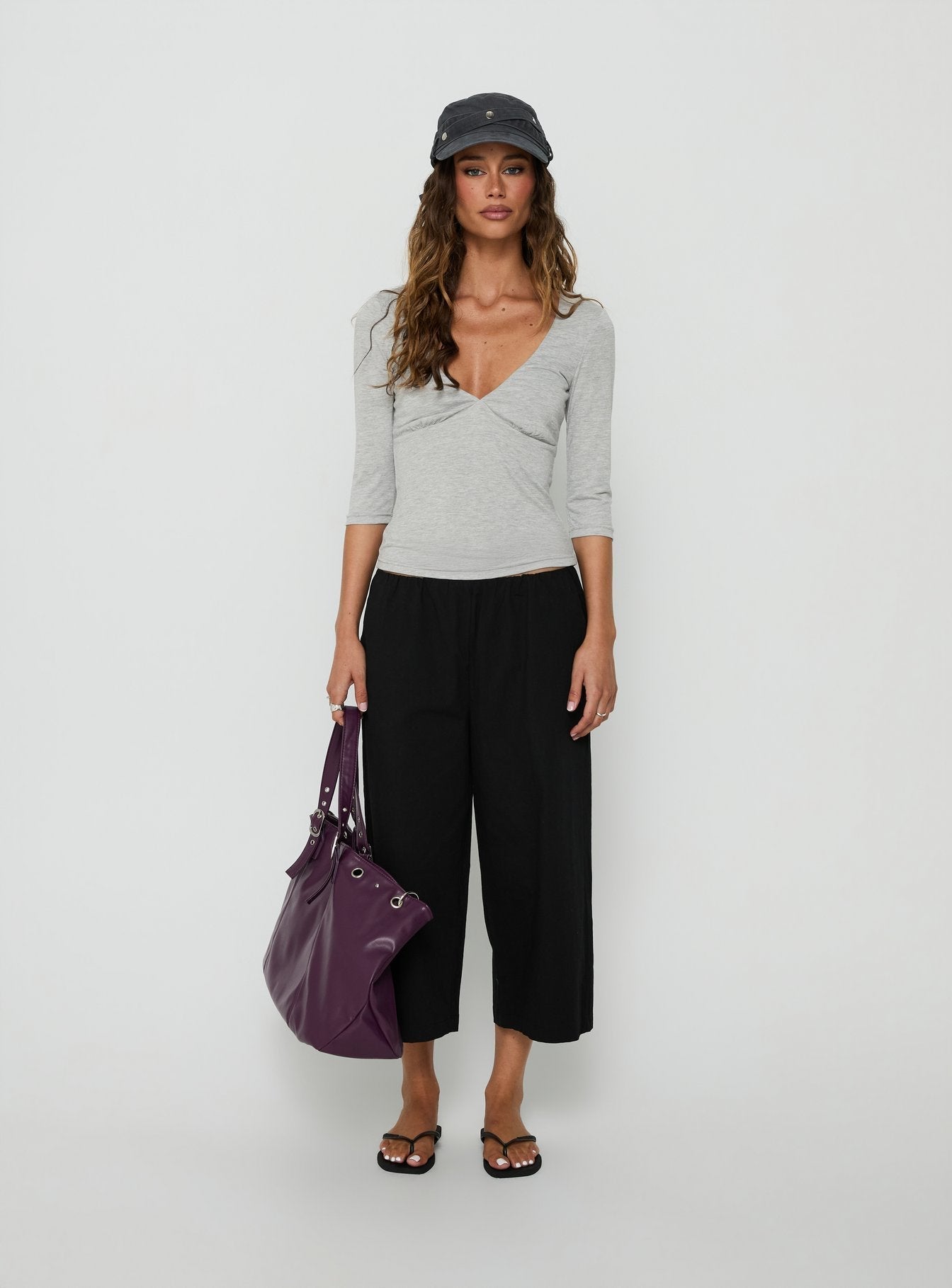 Back To Friends V Neck 3/4 Sleeve Top Grey Marle