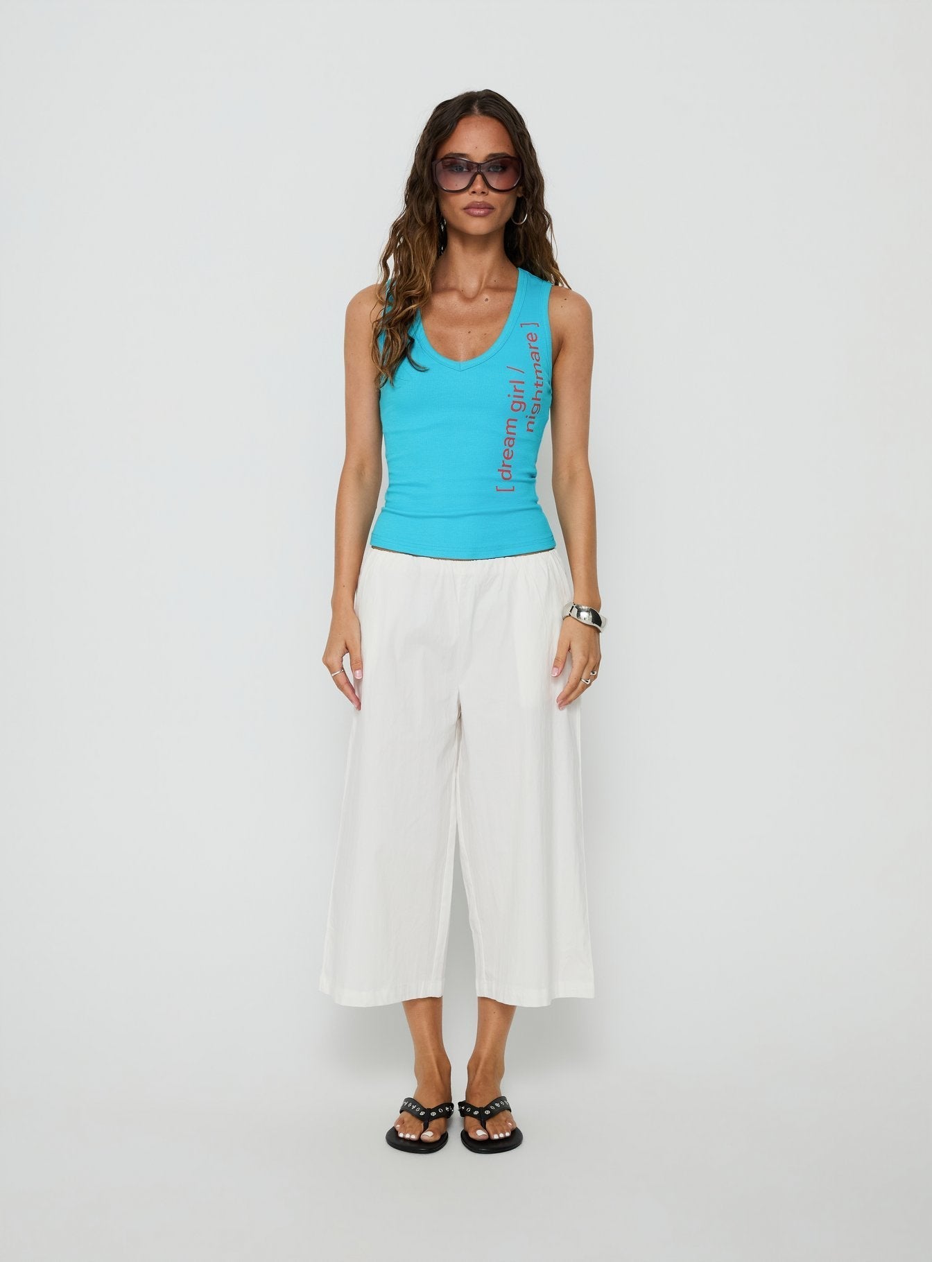 Dreamgirl Nightmare Graphic V Neck Tank Blue