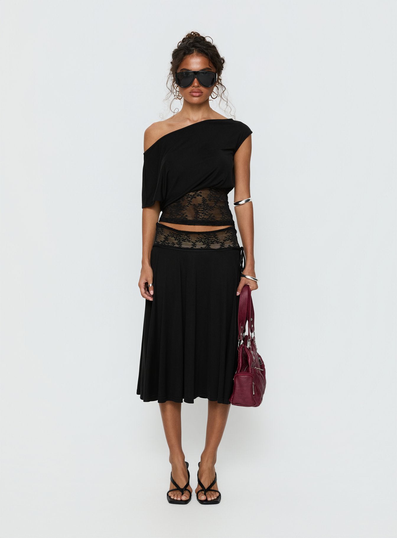Marienna One Shoulder Lace Top Black