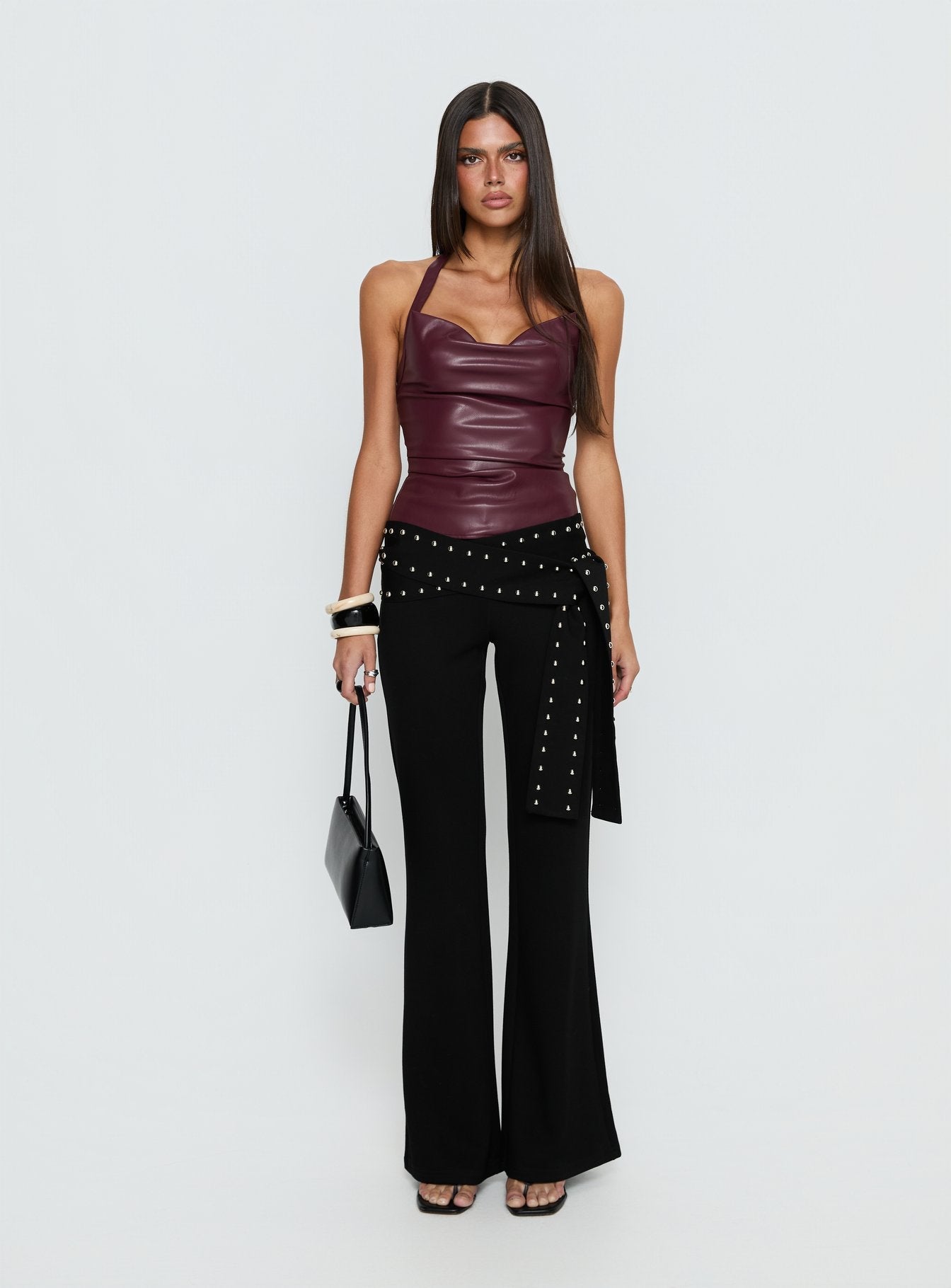 Thunderbolt Faux Leather Cowl Neck Top Plum