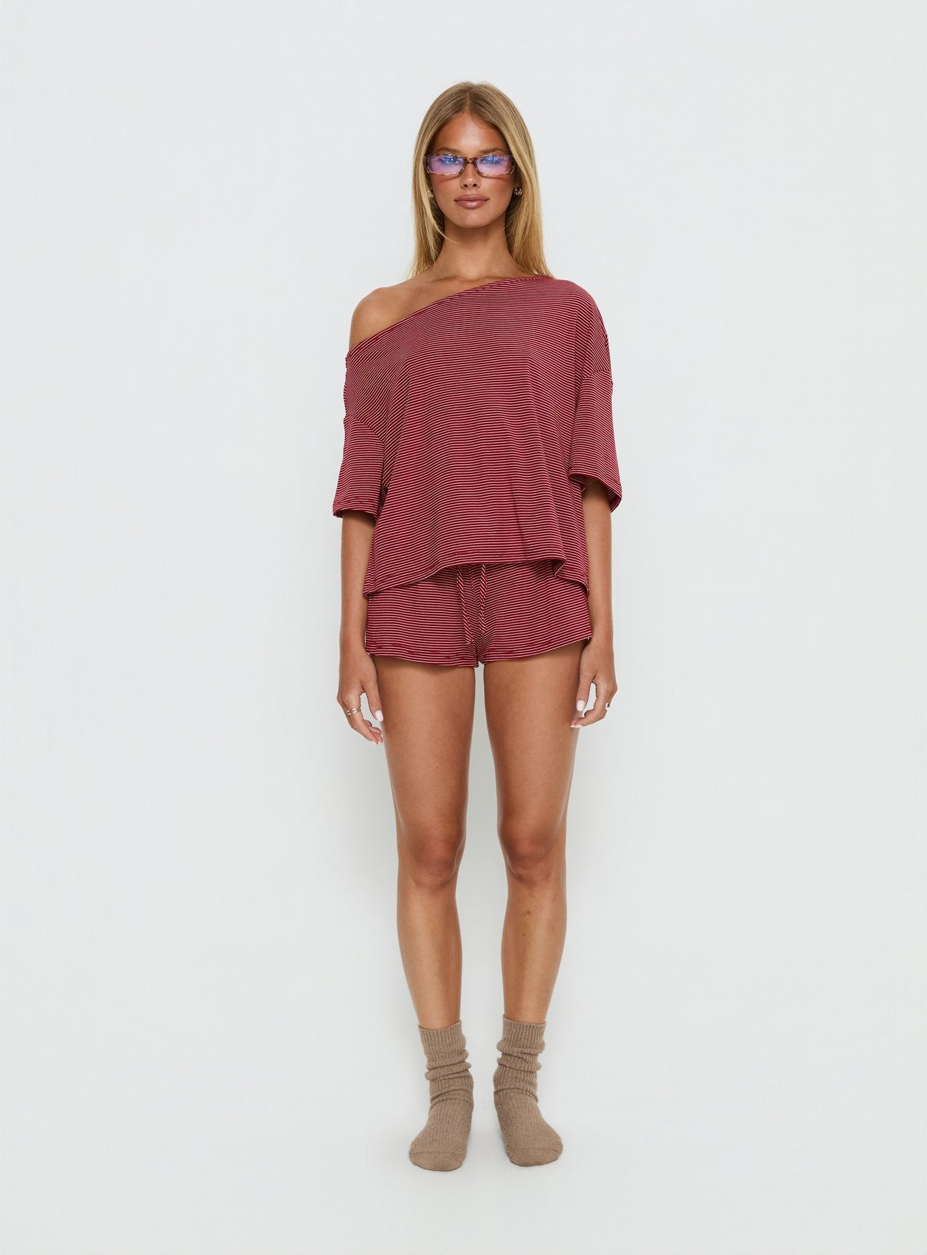 Sugar Surge Off Shoulder Sleep Top Cherry Stripe