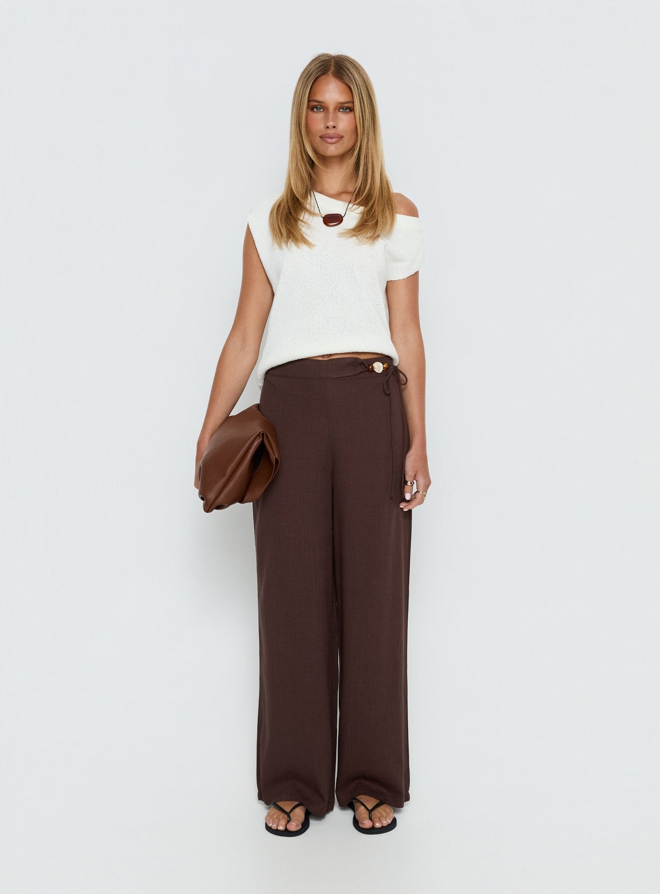 Pine For You Bead Detail Linen Pant Brown