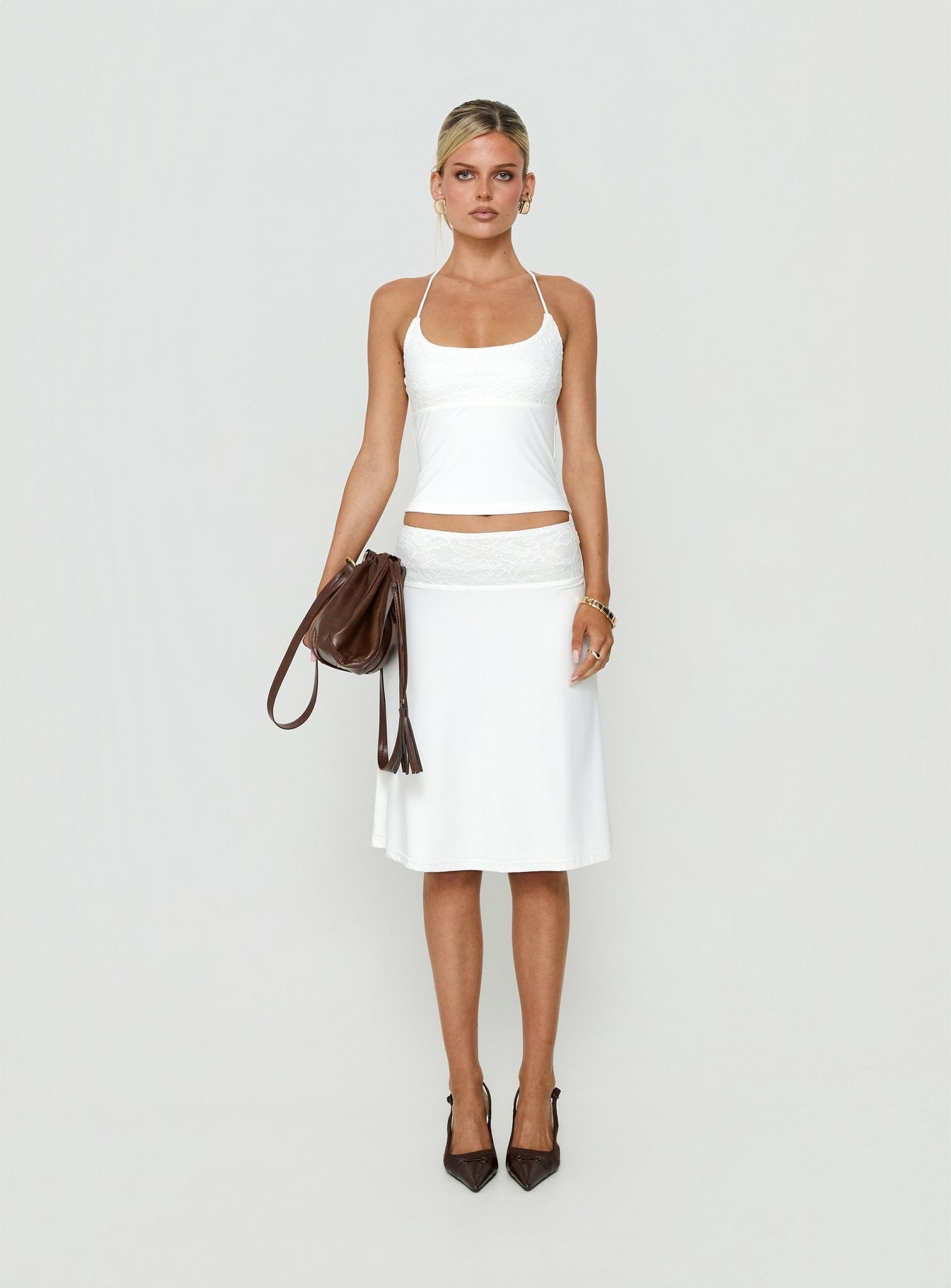 Zenaide Lace Detail Halter Tank Top White