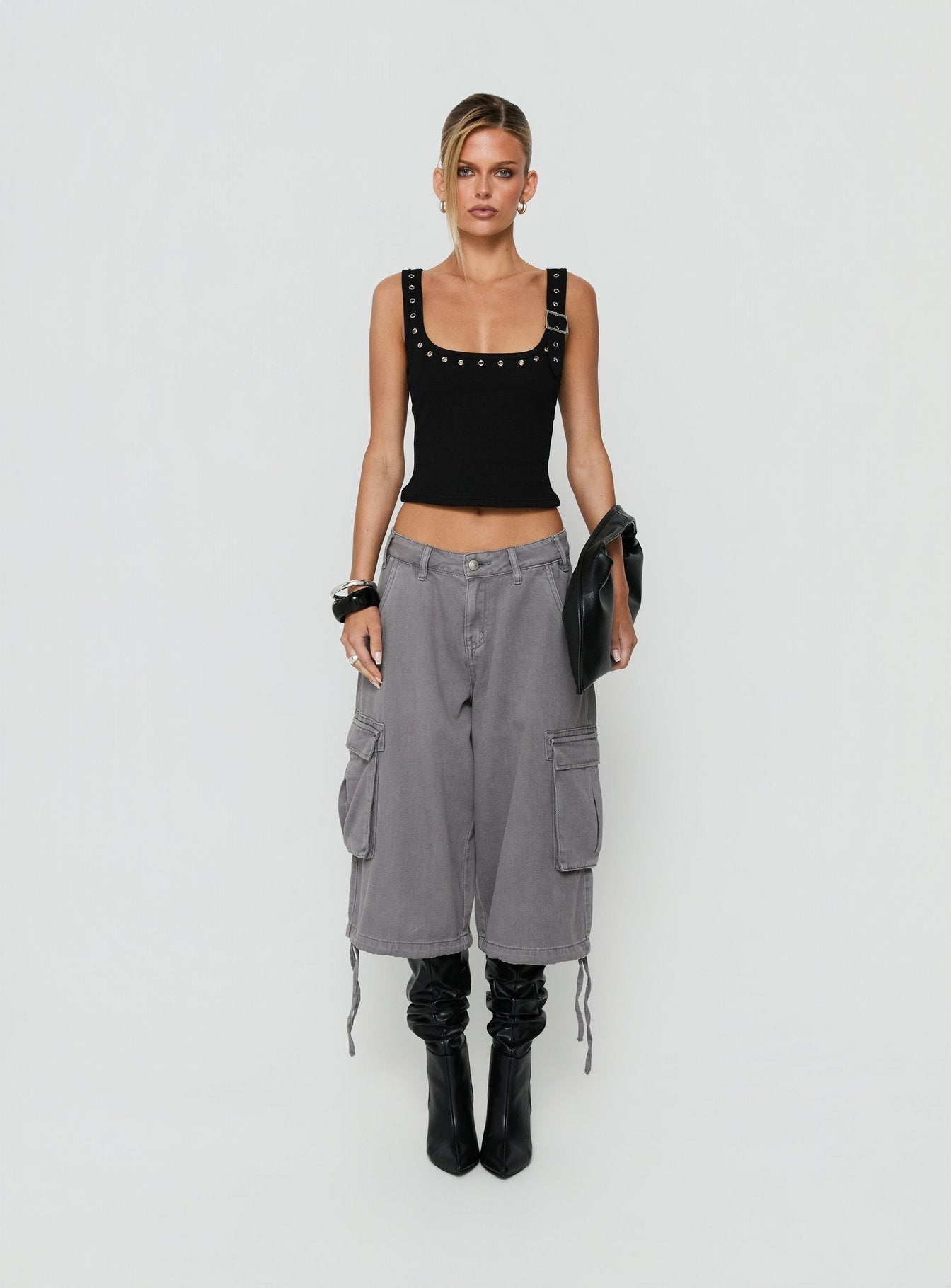 Aylani Buckle Eyelet Tank Top Black