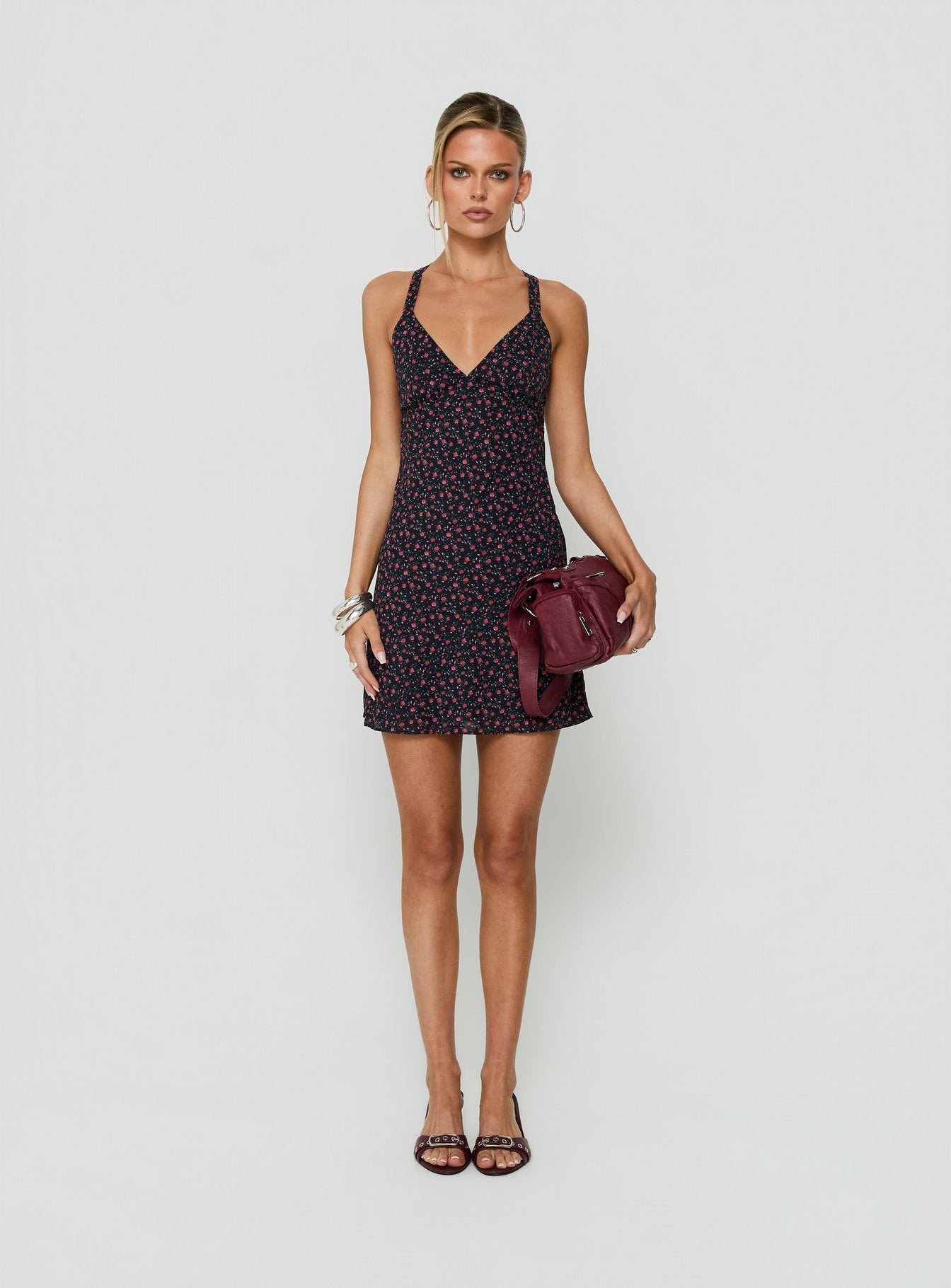Rosabelle Halter Satin Mini Dress Navy / Red Floral