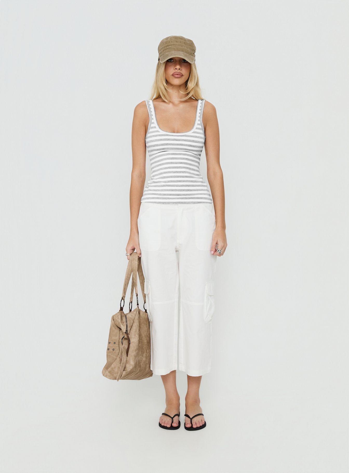 Keep It Light Low Back Tank Top White / Grey Stripe