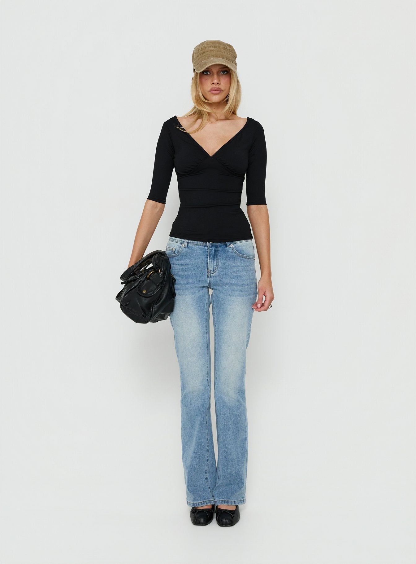 Daily Define Off Shoulder V Neck Top Black
