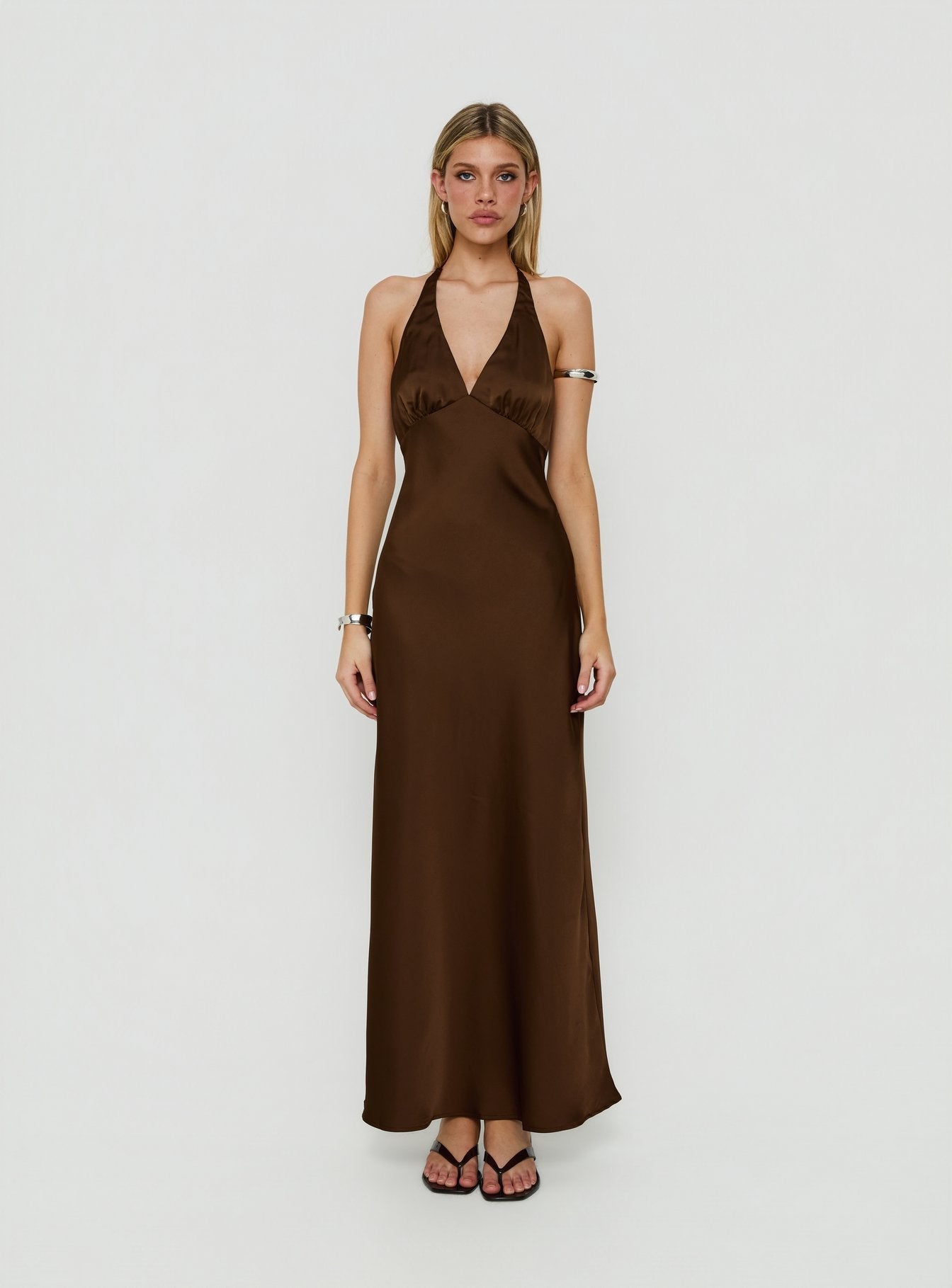 Adamaria Plunge Halter Lace Trim Maxi Dress Chocolate