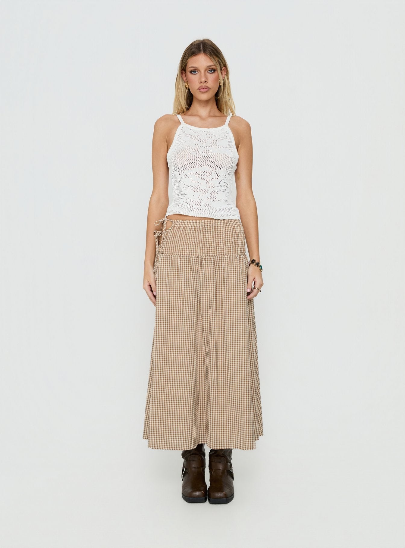 Vence Ruched Maxi Skirt Brown Gingham