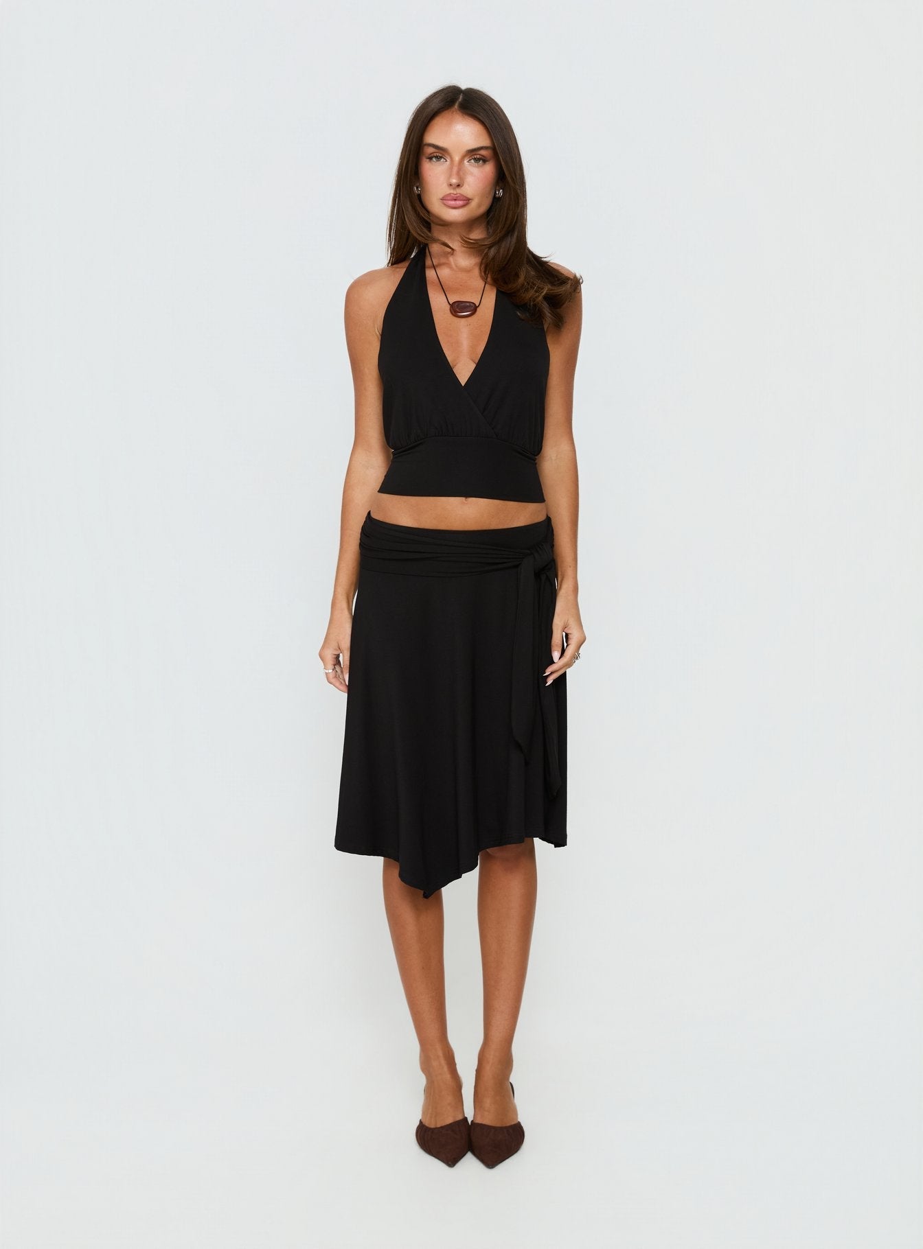Soft Focus Tie Waist Midi Skirt Black
