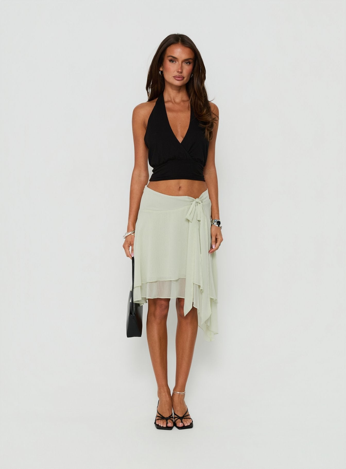 Ophella Tie Waist Chiffon Midi Skirt Sage