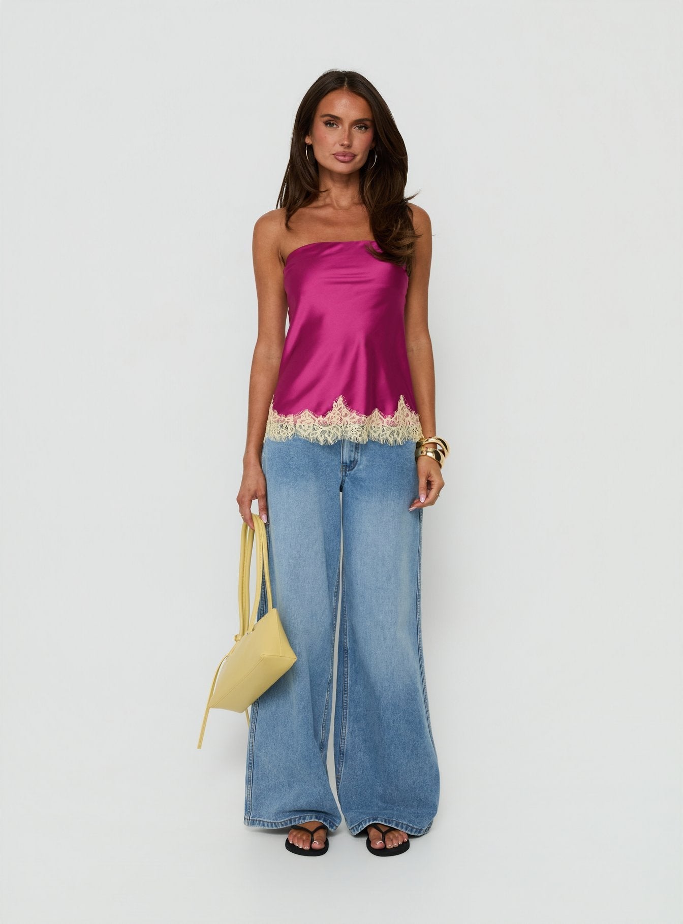 Fiorelle Strapless Lace Trim Satin Top Berry / Lemon