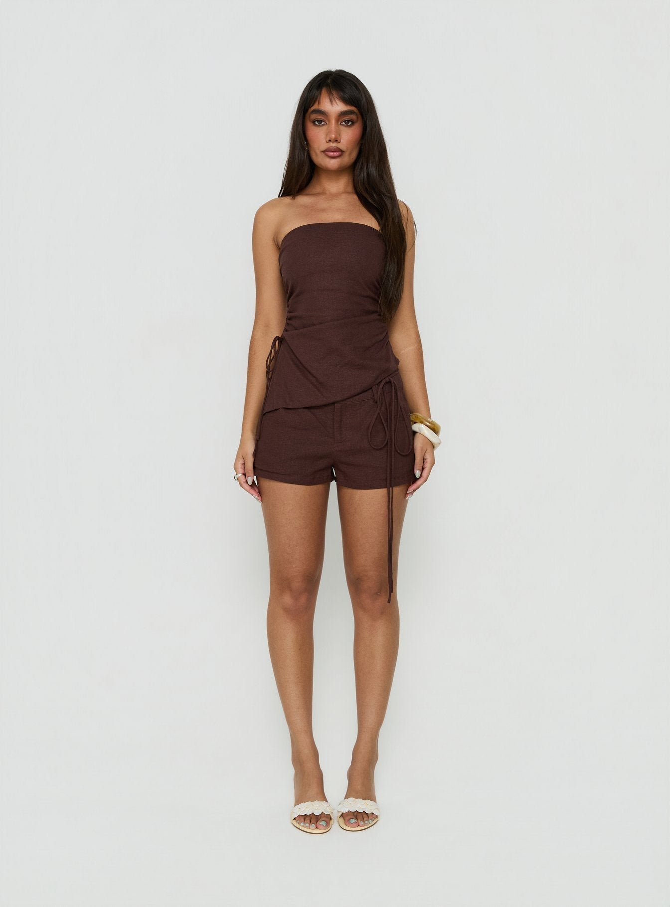 Defined Strapless Gathered Linen Blend Top Brown
