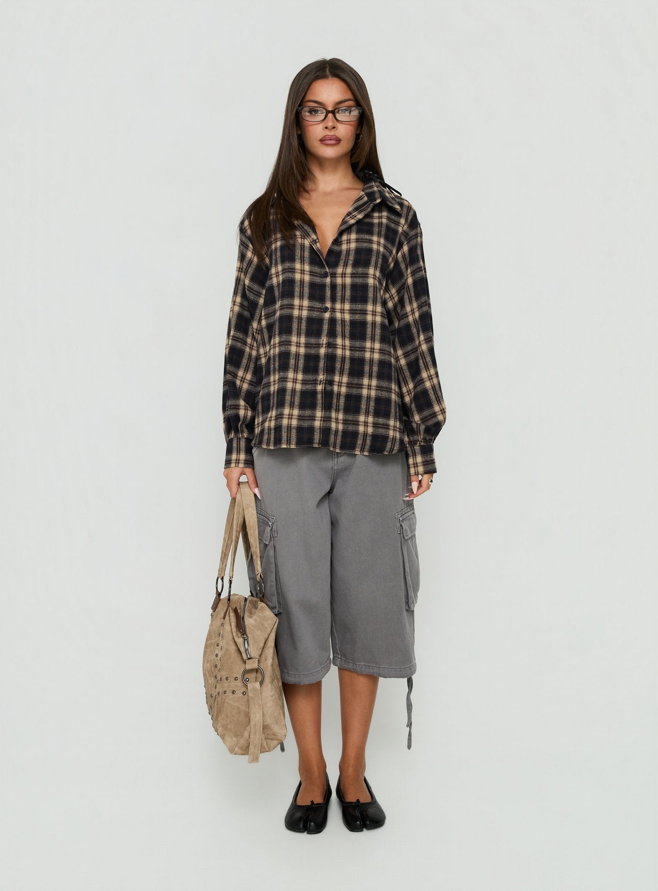 Caydence Long Sleeve Button Down Flannel Top Check Multi