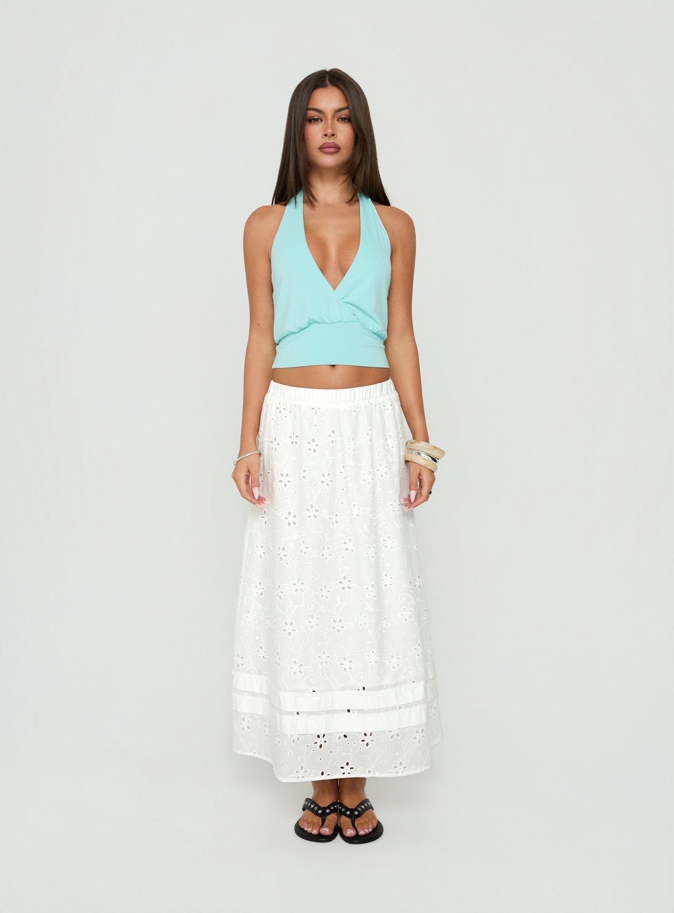 Isolie Tiered Maxi Skirt White Anglaise