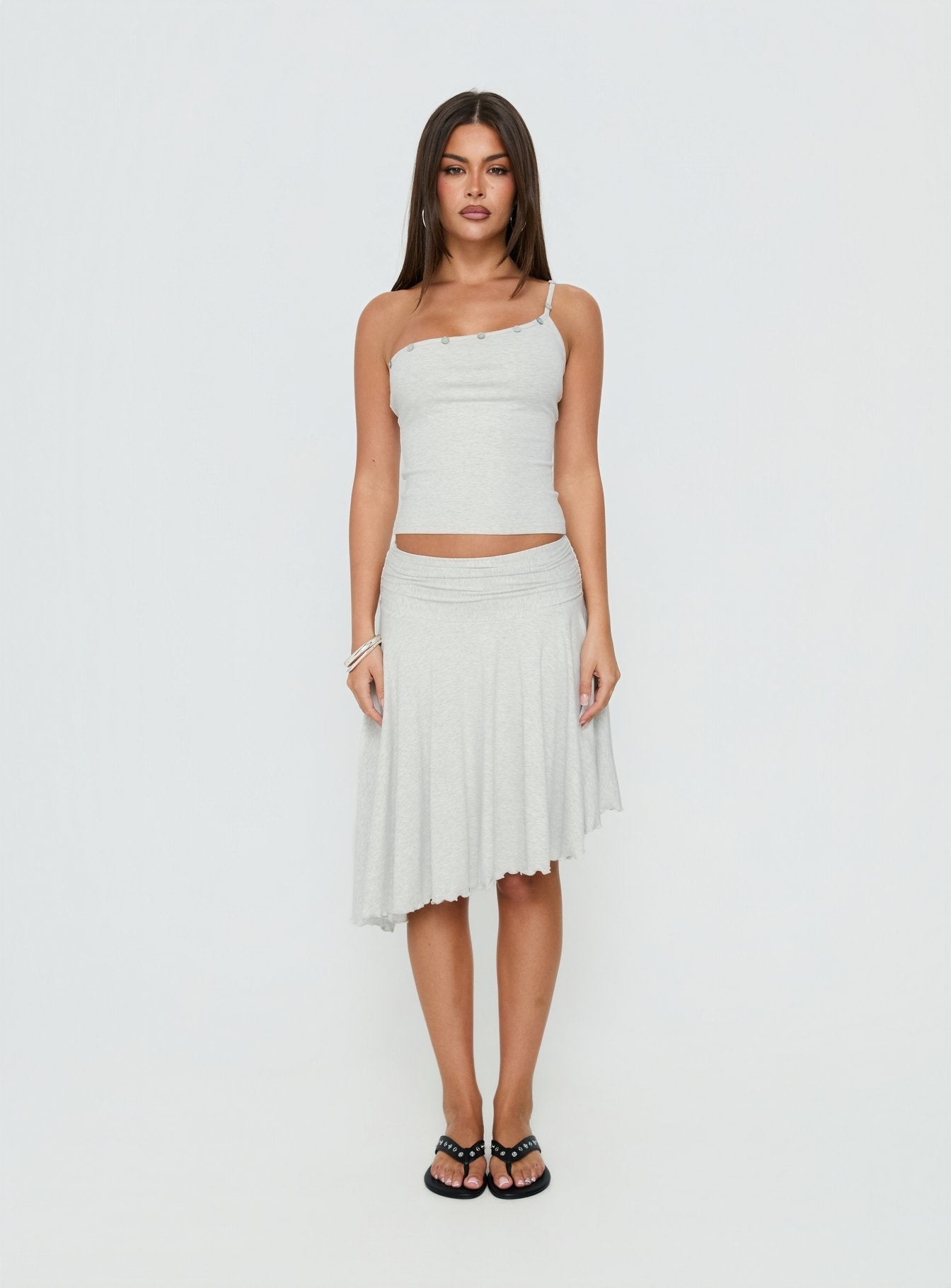 Mimmi One Shoulder Button Detail Top Grey