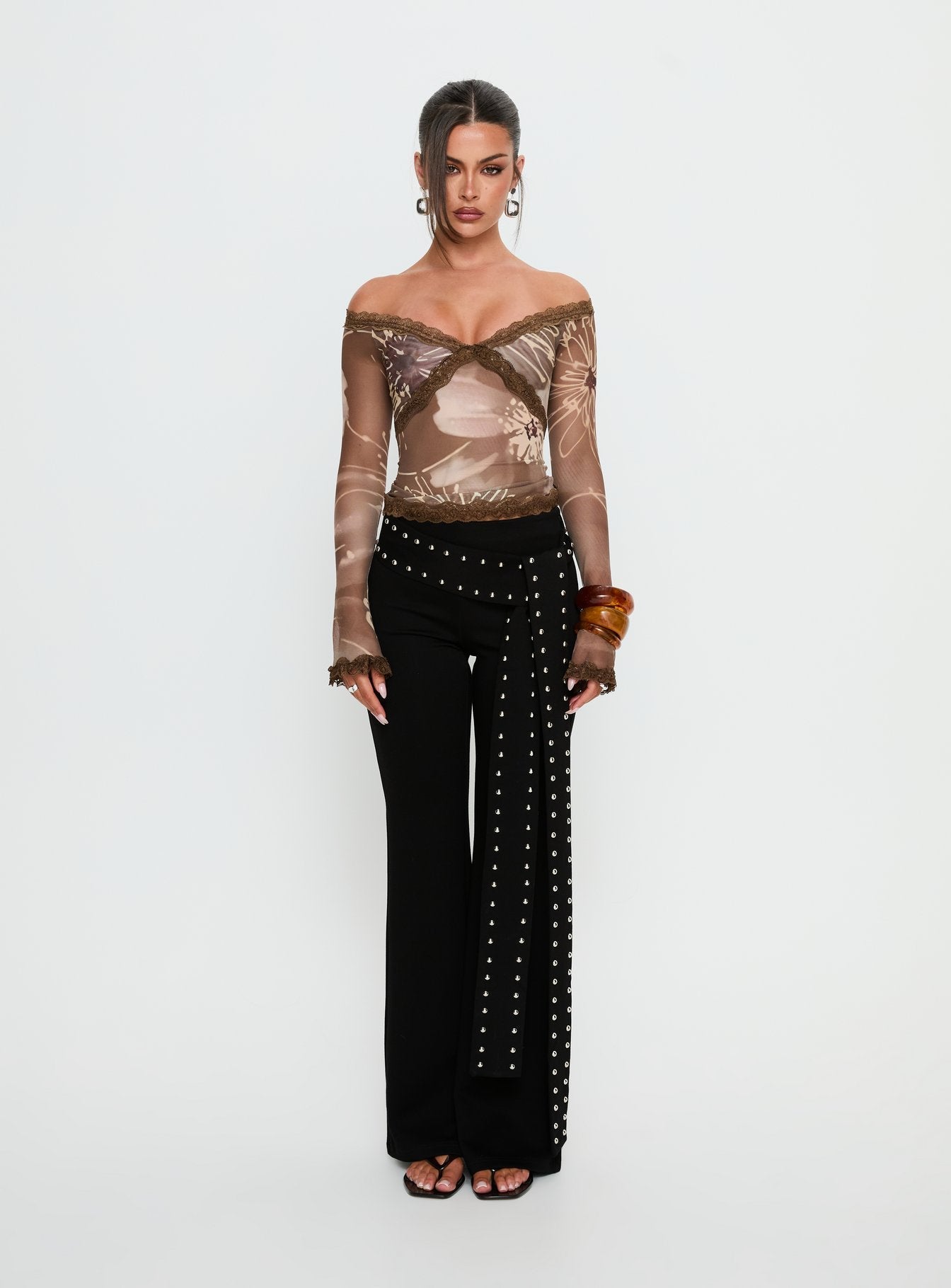Katlyne Long Sleeve Lace Trim Top Brown Floral