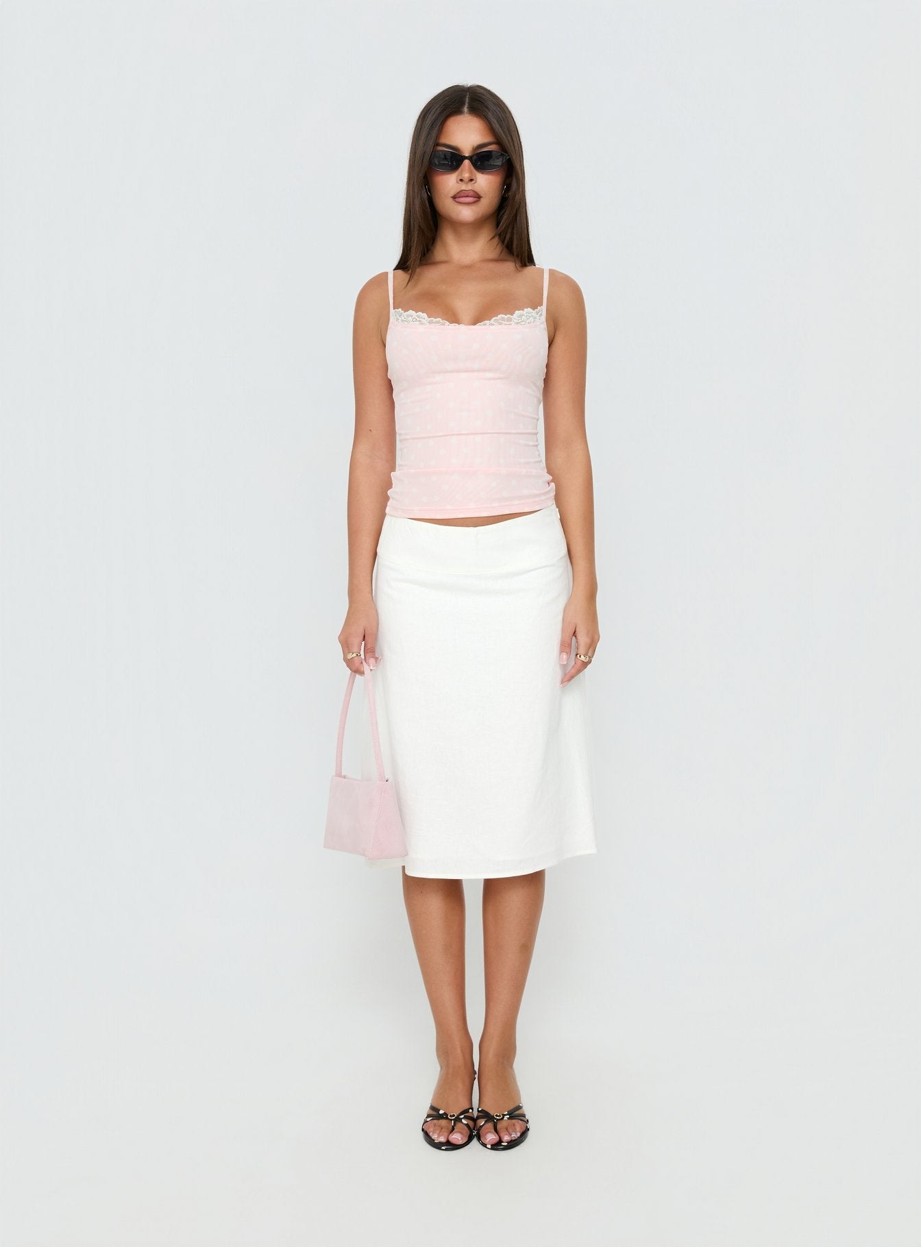 Spring To Summer Lace Trim Cami Top Pink Polka Dot