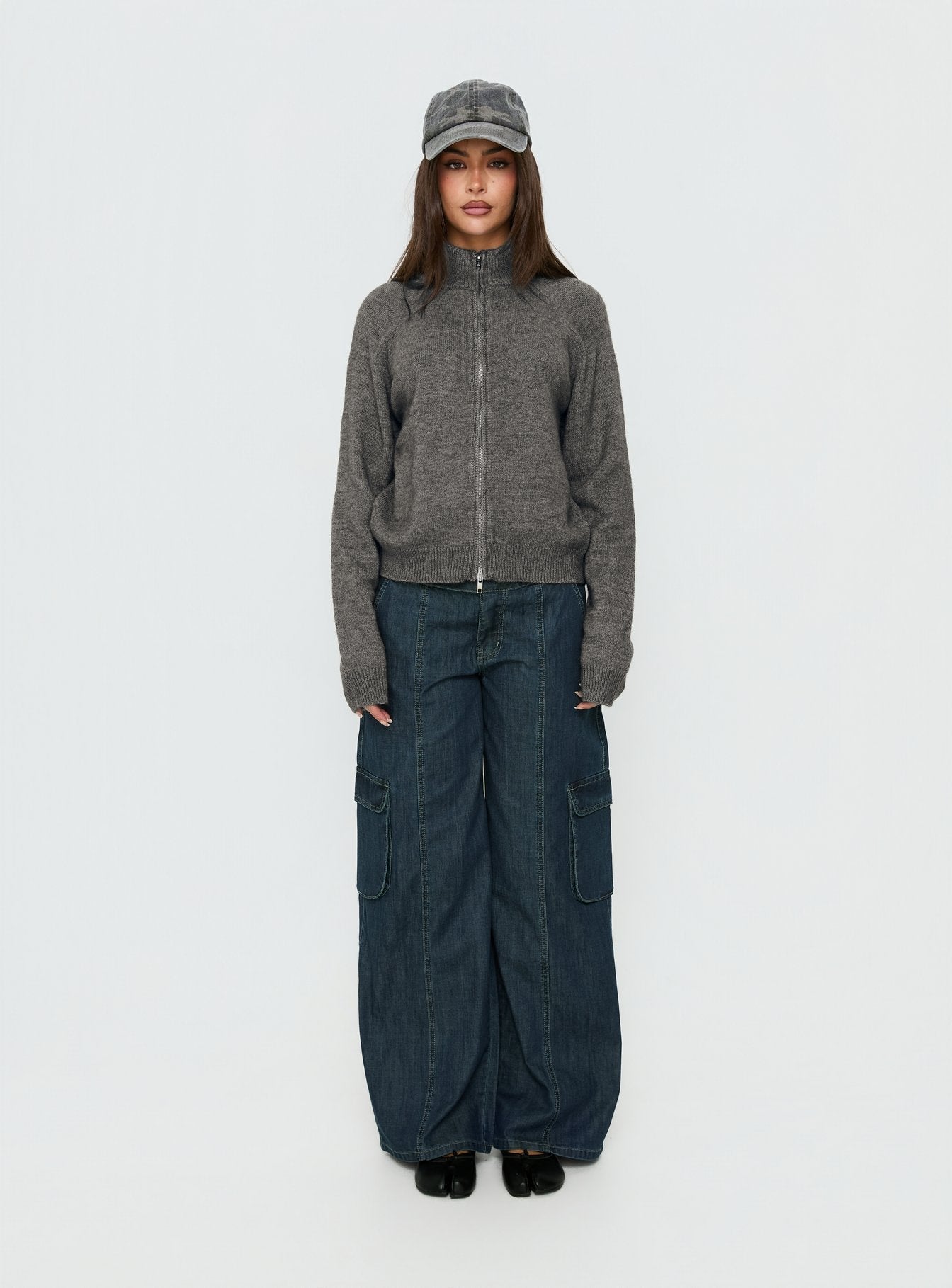 Nikoletta Mid Rise Wide Leg Cargo Jeans Dark Blue Wash