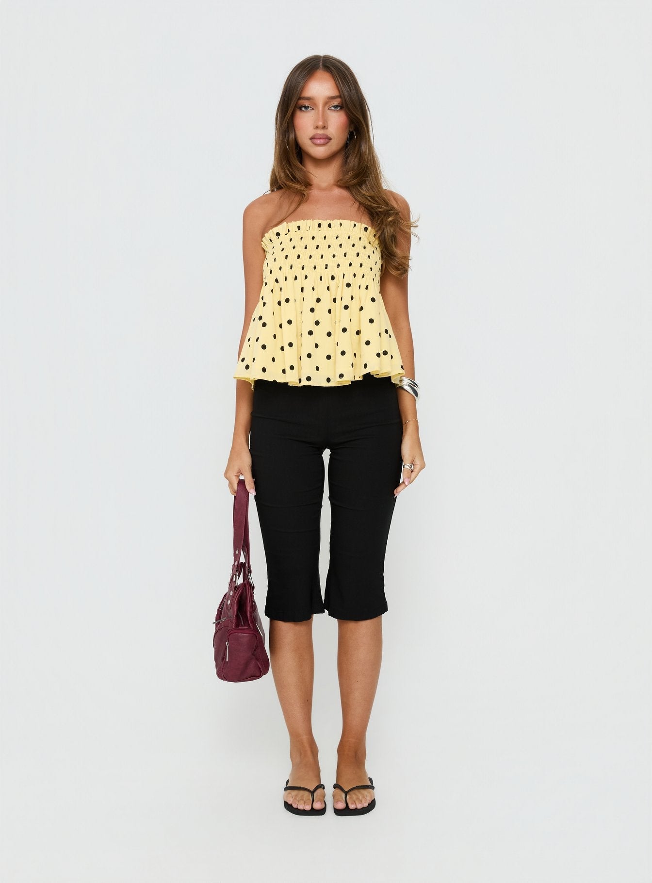 Peachy Keen Frill Cami Top Yellow Polka Dot