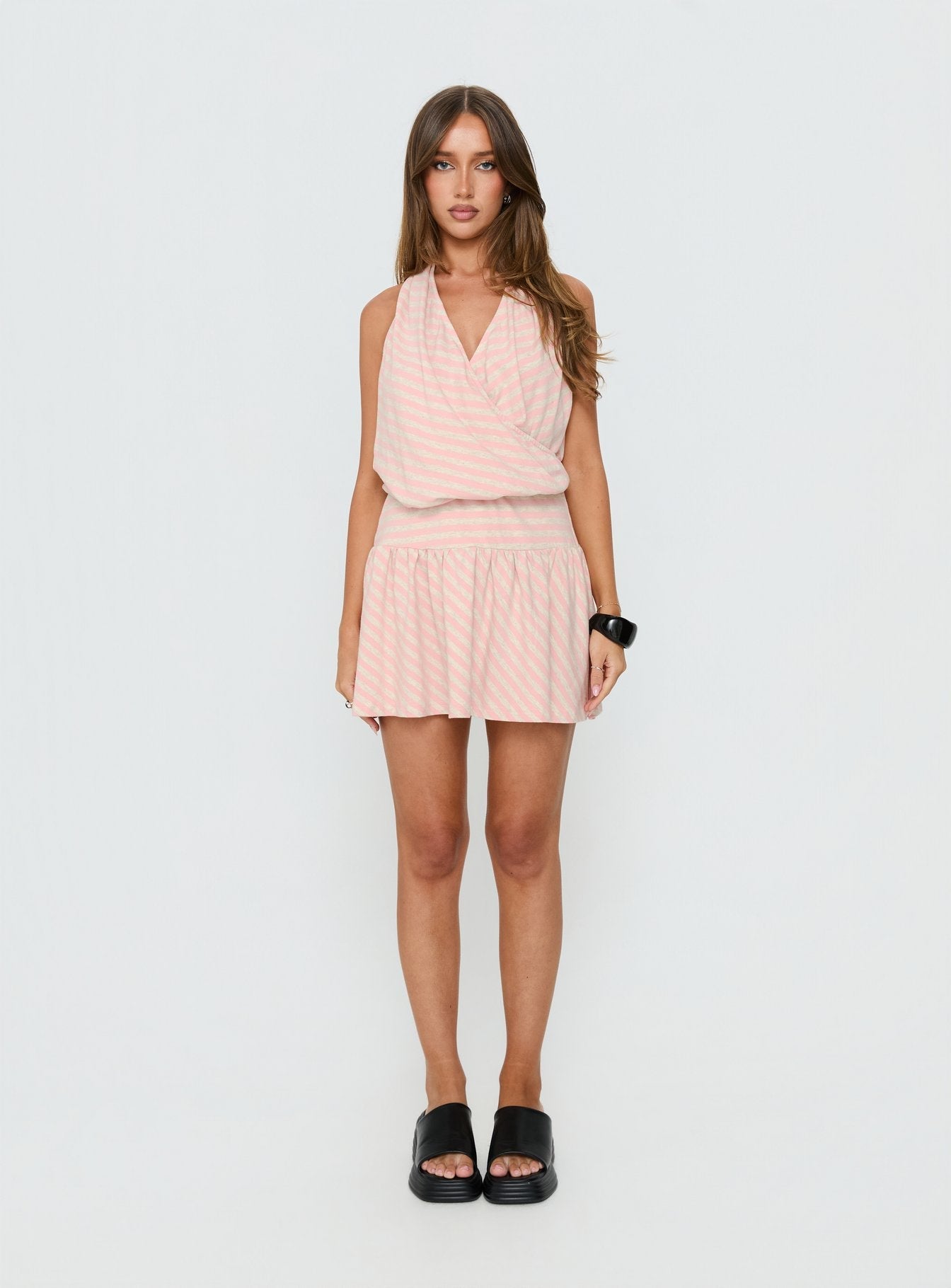 Joelie Halter Draped Mini Dress Pink / Grey Stripe